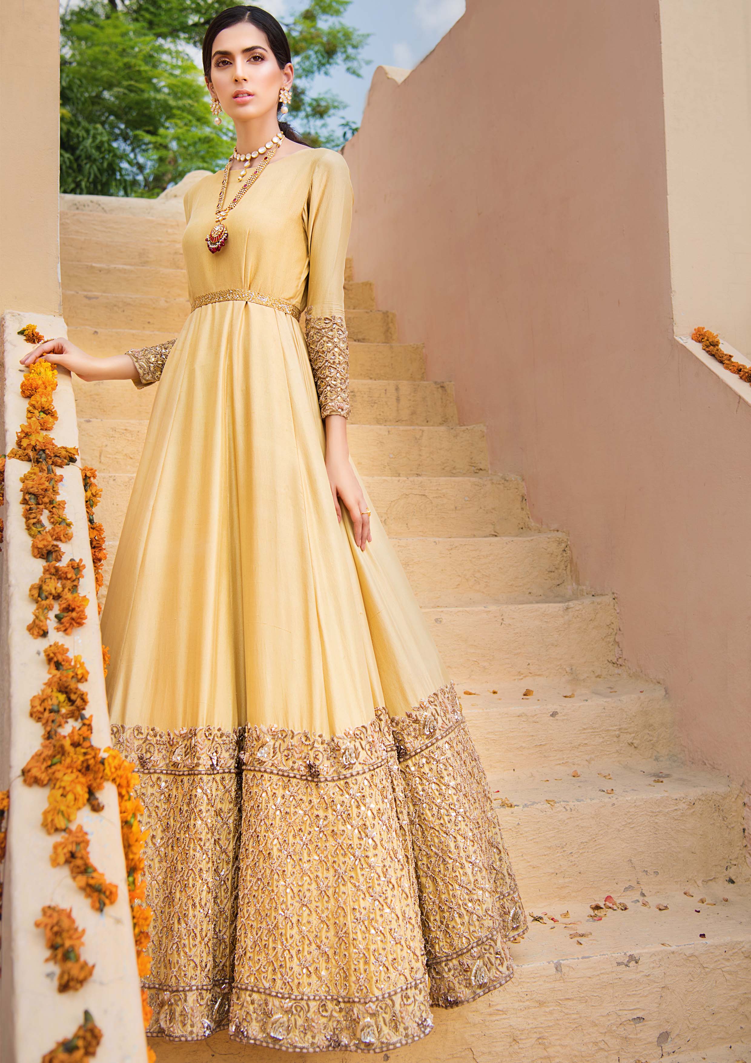 Pakistani Sun Yellow Embellished Raw Silk Anarkali Dress (1-Pc) - Image 1