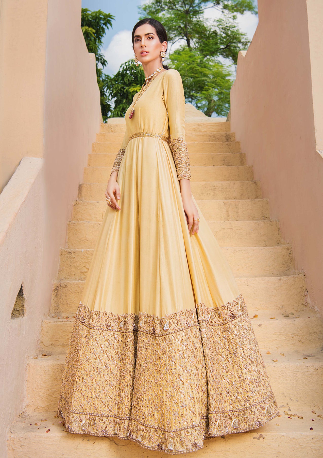Pakistani Sun Yellow Embellished Raw Silk Anarkali Dress (1-Pc) - Image 3