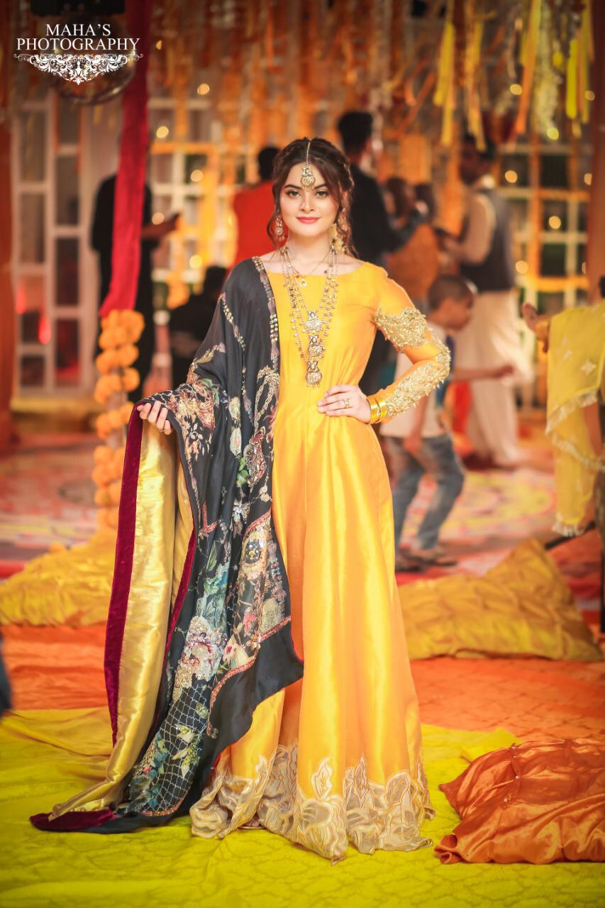 Pakistani Mustard Yellow Embroidered Satin Anarkali Dress (2-Piece) - Image 1