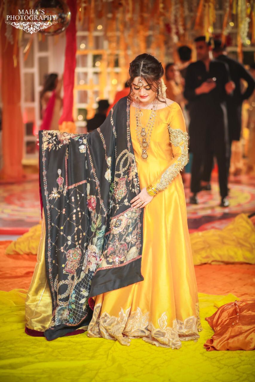 Pakistani Mustard Yellow Embroidered Satin Anarkali Dress (2-Piece) - Image 2