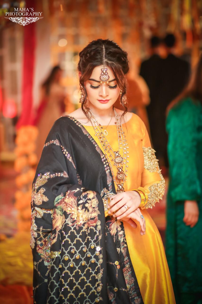 Pakistani Mustard Yellow Embroidered Satin Anarkali Dress (2-Piece) - Image 3