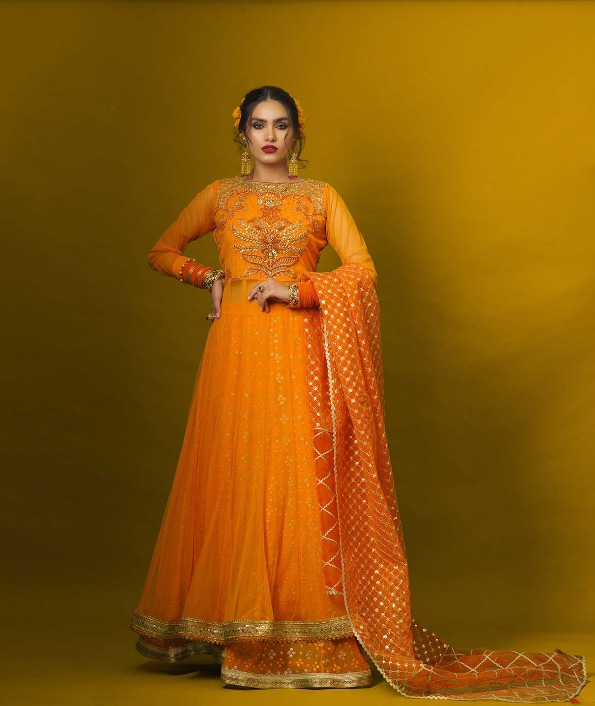 Pakistani Marigold Embroidered Net Anarkali Dress (2-Piece) - Image 1