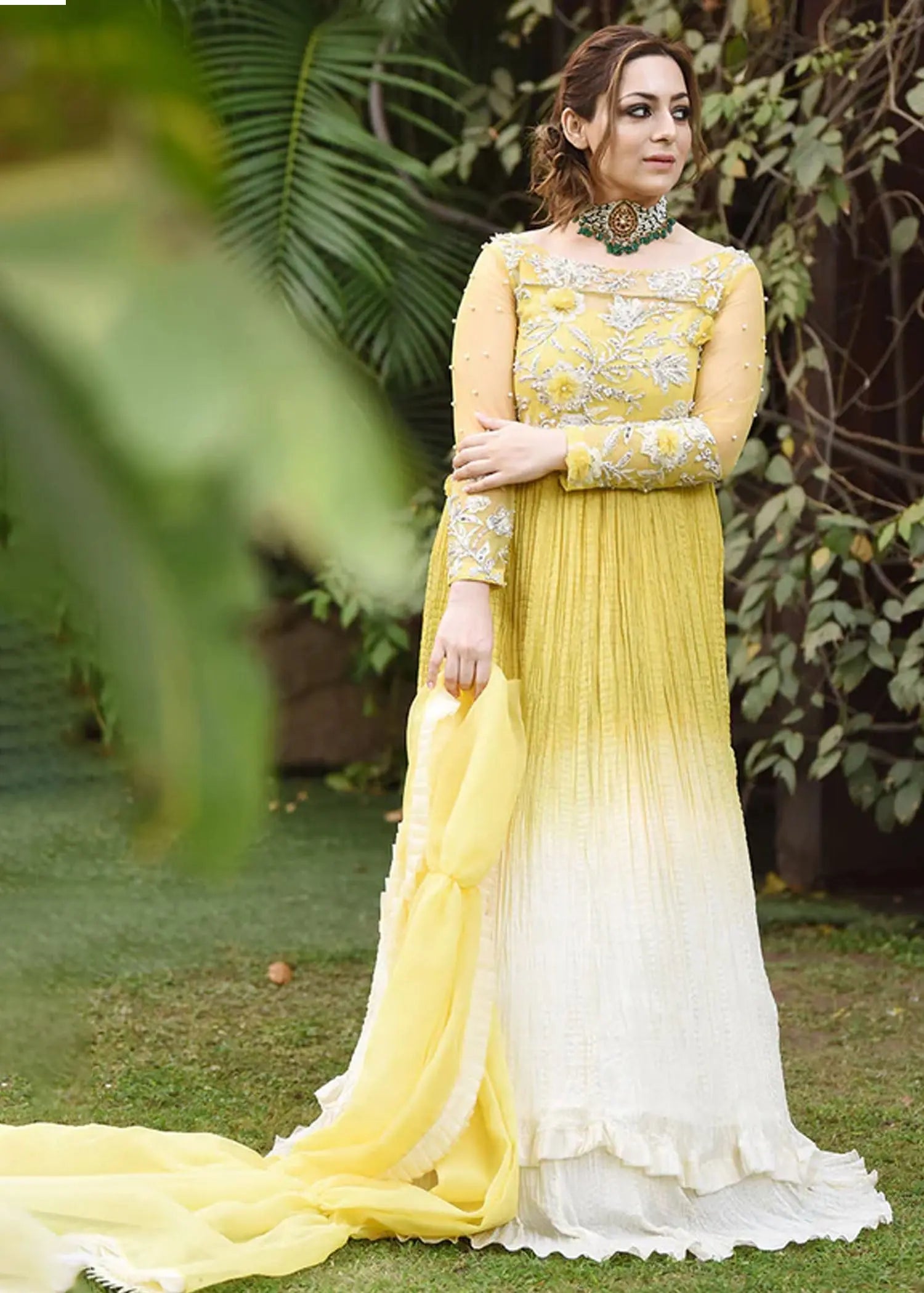 Neon Yellow Embroidered Net Anarkali Dress (3-Piece) - Image 1