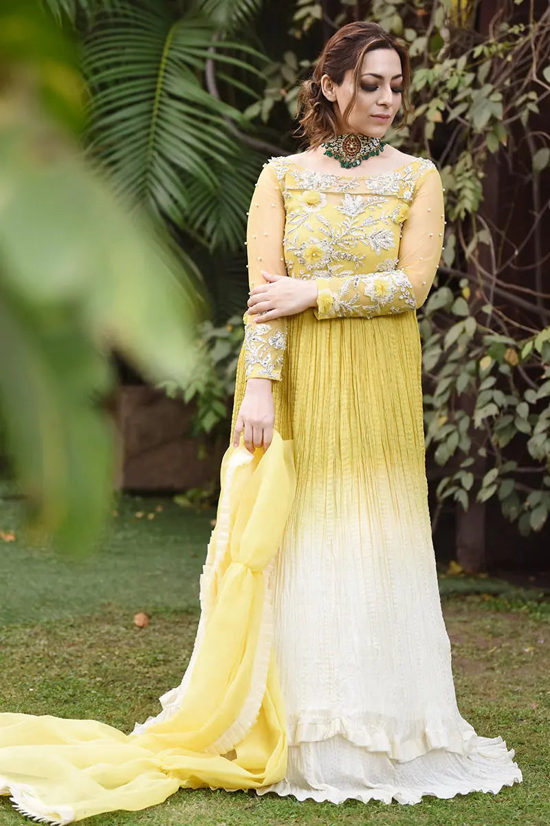 Neon Yellow Embroidered Net Anarkali Dress (3-Piece) - Image 2