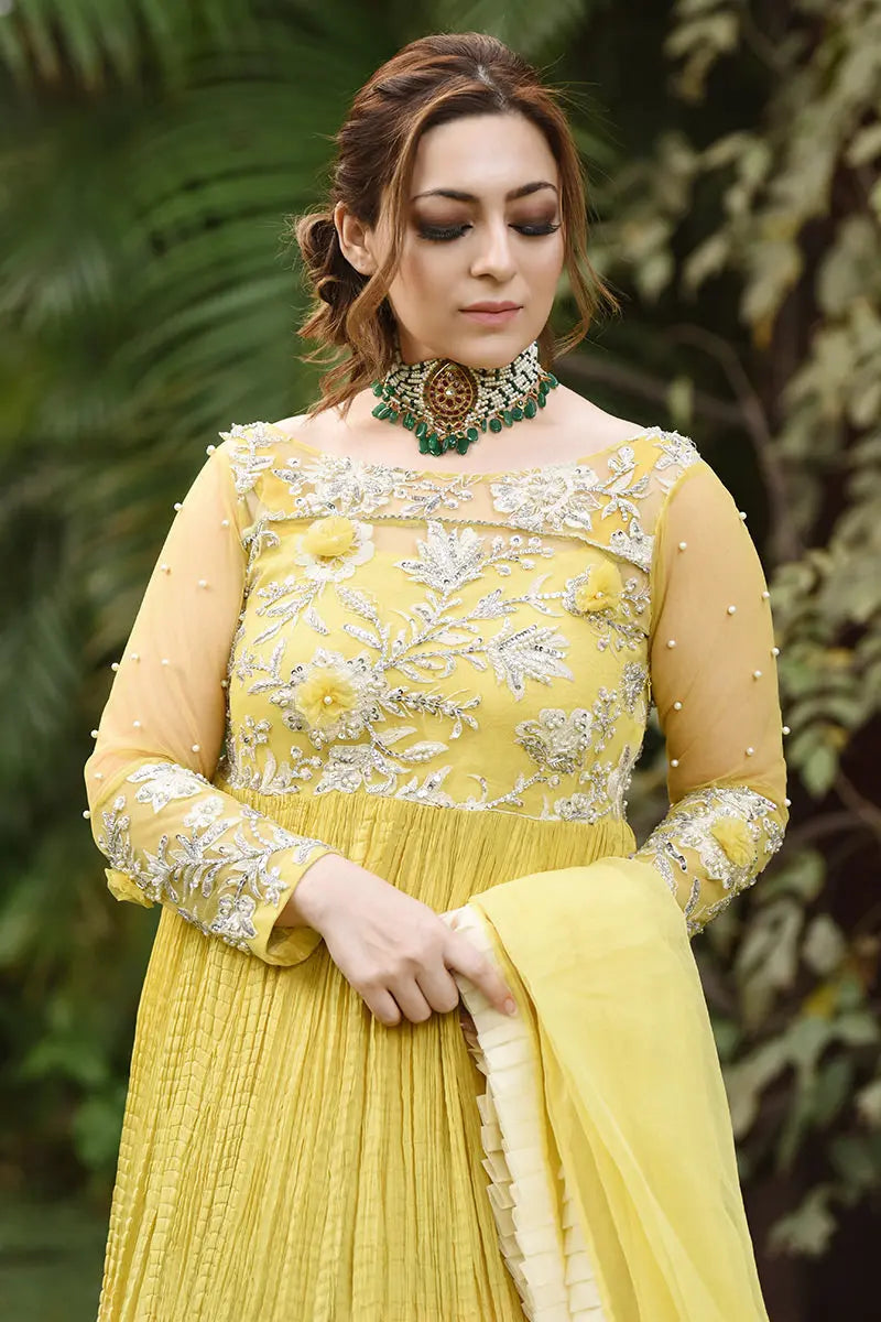 Neon Yellow Embroidered Net Anarkali Dress (3-Piece) - Image 3