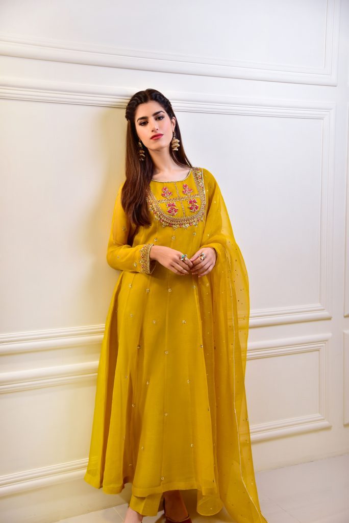 Mango Yellow Zardosi Organza Anarkali Dress (3-Piece) - Image 1