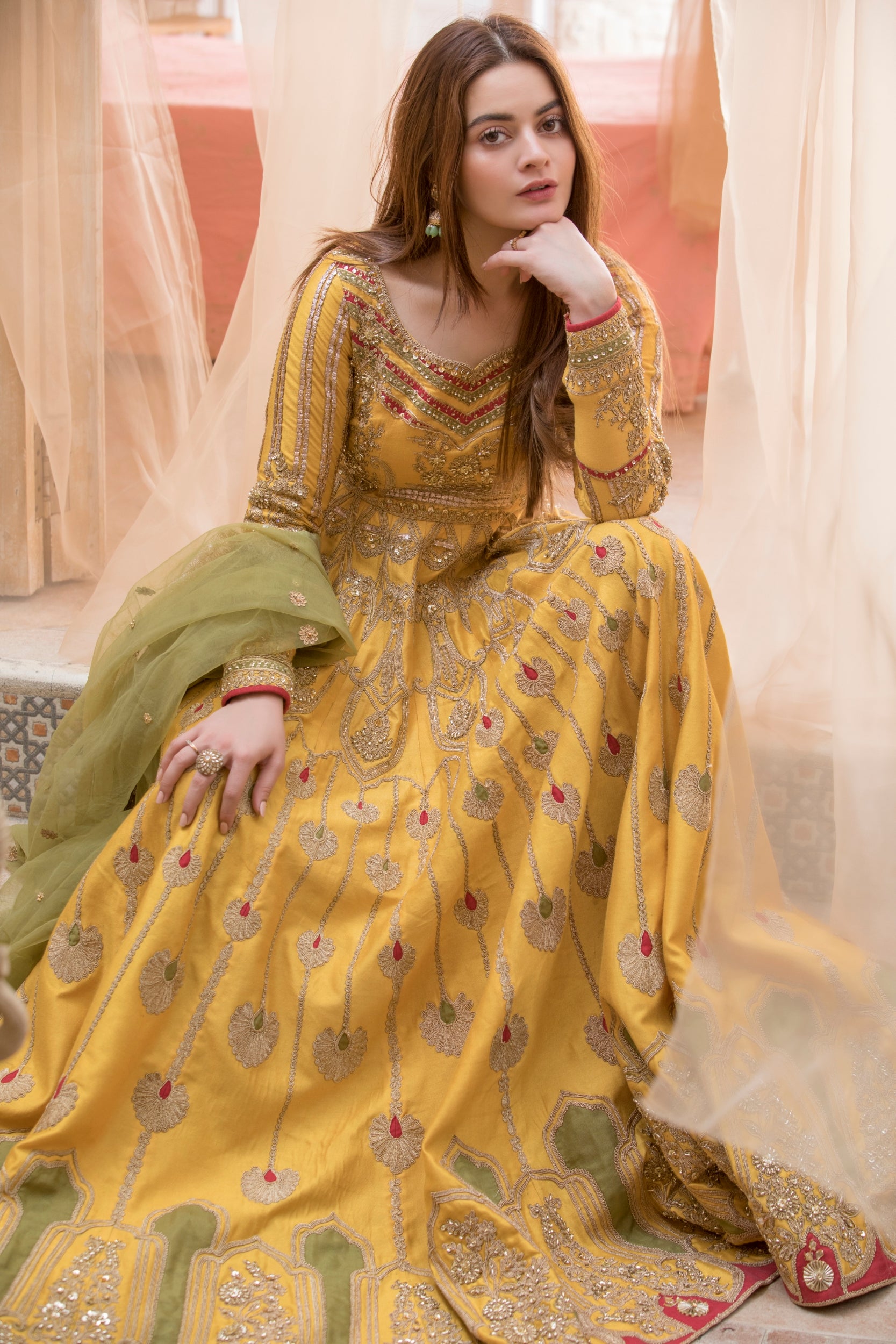 Mustard Yellow Embroidered Silk-Blend Anarkali (2-Piece) - Image 19