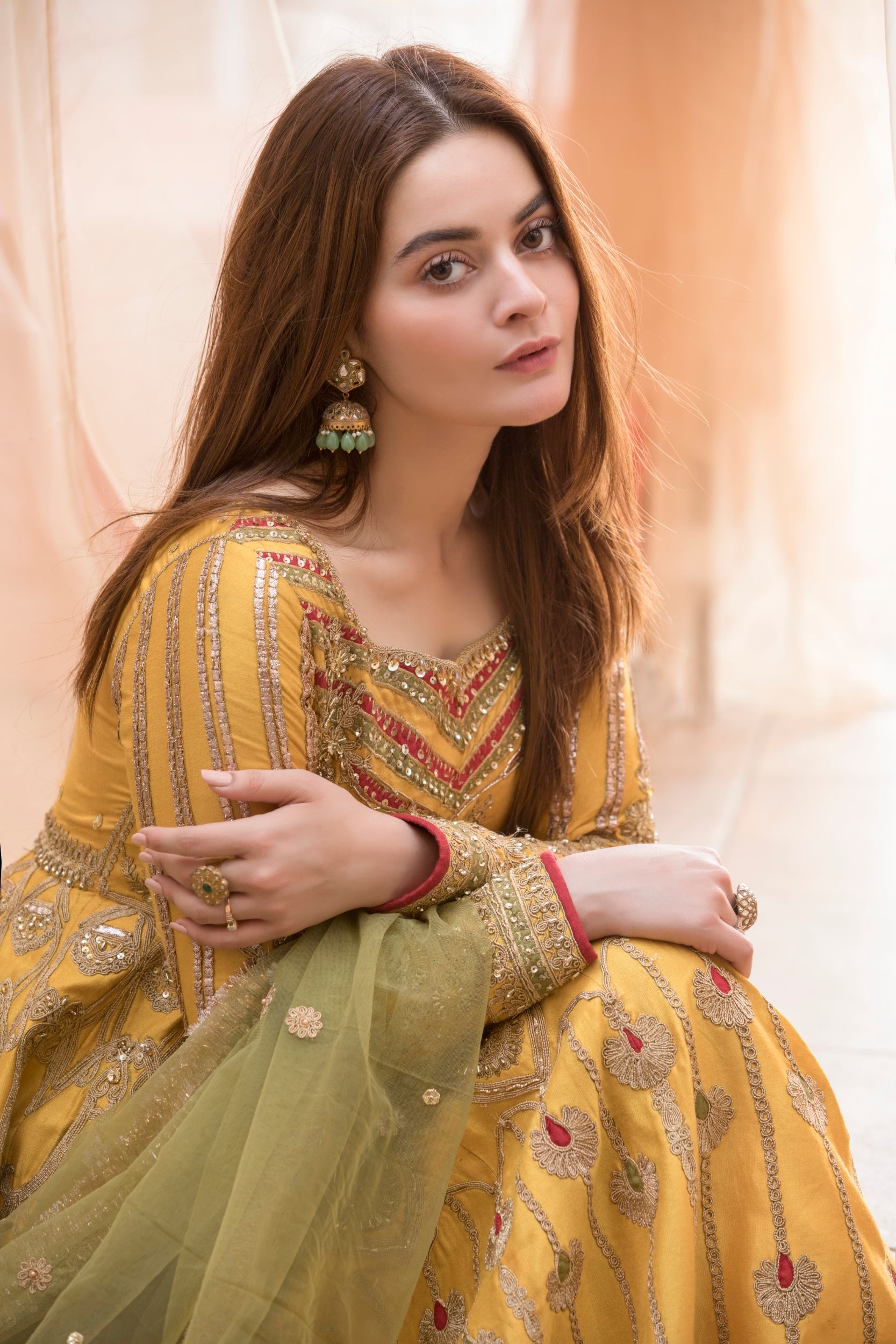 Mustard Yellow Embroidered Silk-Blend Anarkali (2-Piece) - Image 21