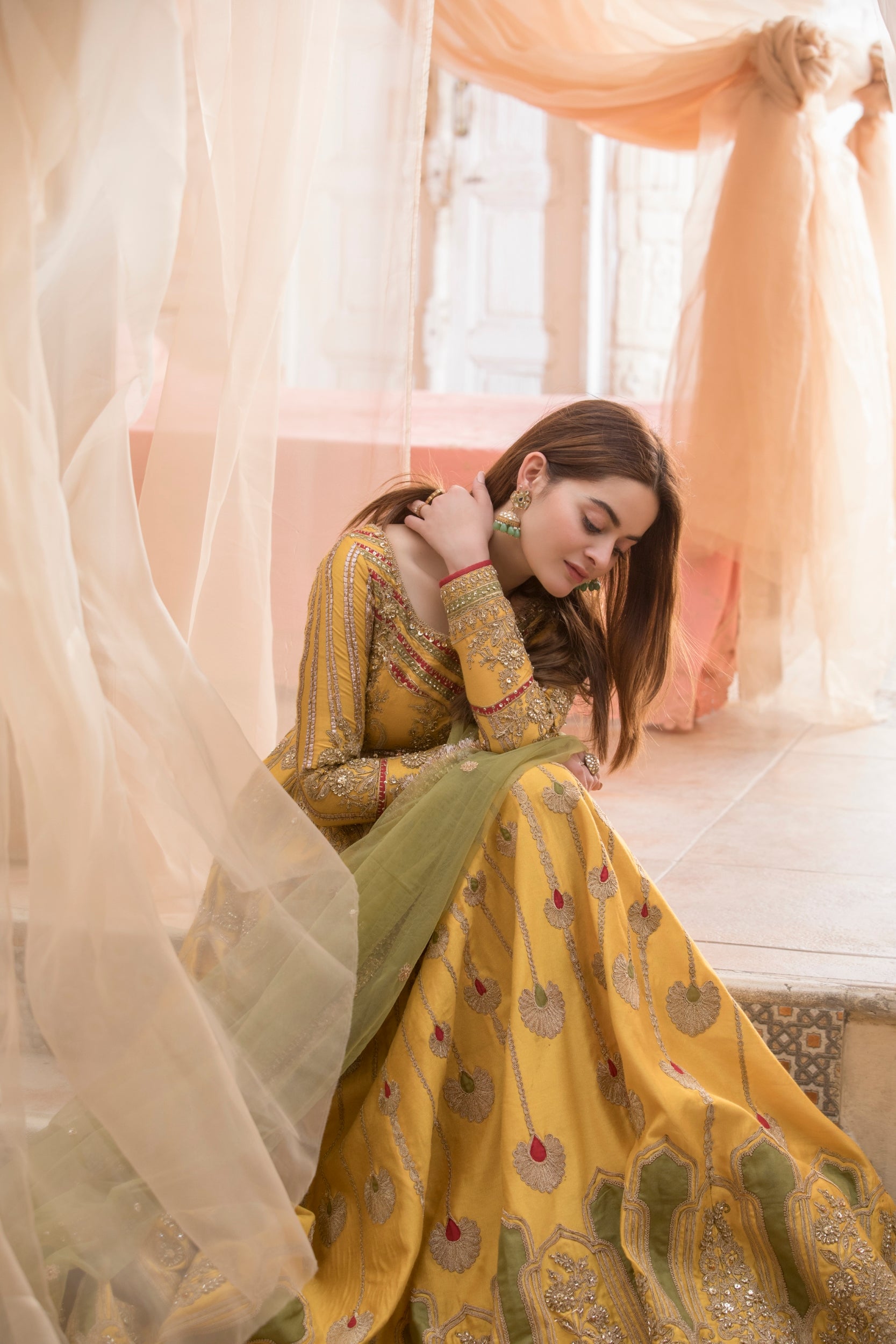 Mustard Yellow Embroidered Silk-Blend Anarkali (2-Piece) - Image 22