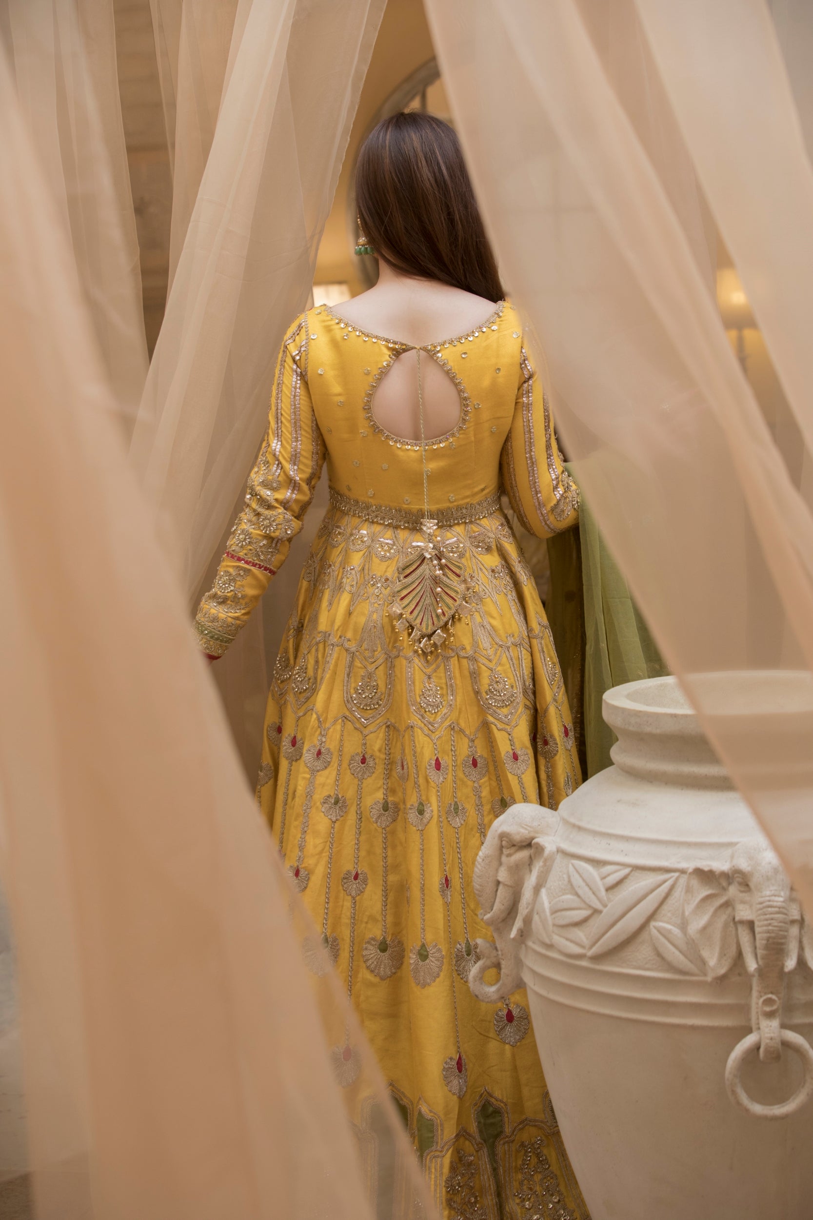 Mustard Yellow Embroidered Silk-Blend Anarkali (2-Piece) - Image 24