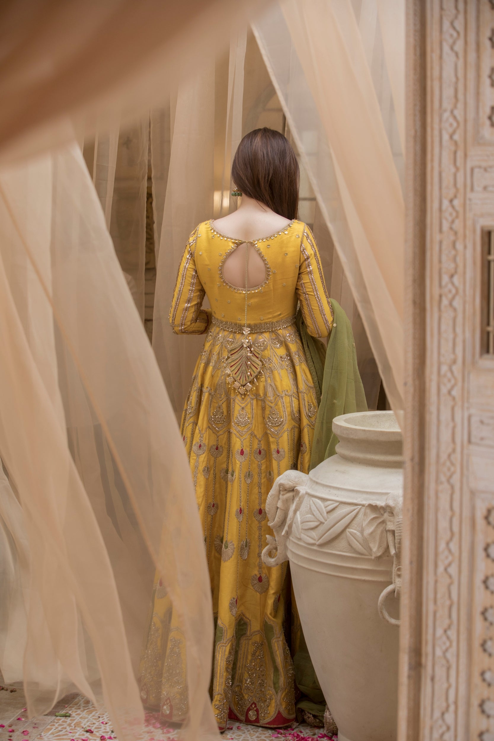 Mustard Yellow Embroidered Silk-Blend Anarkali (2-Piece) - Image 25