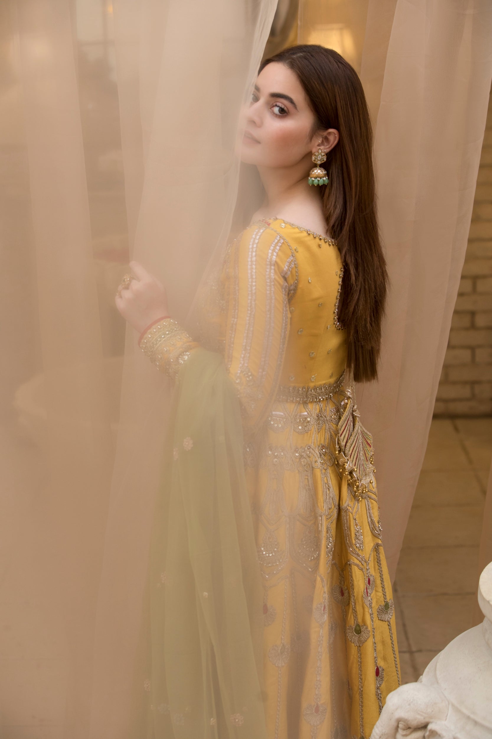 Mustard Yellow Embroidered Silk-Blend Anarkali (2-Piece) - Image 26