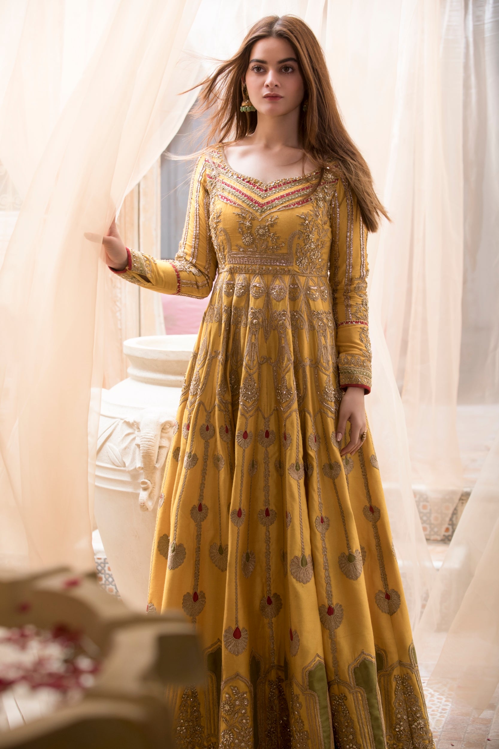 Mustard Yellow Embroidered Silk-Blend Anarkali (2-Piece) - Image 7