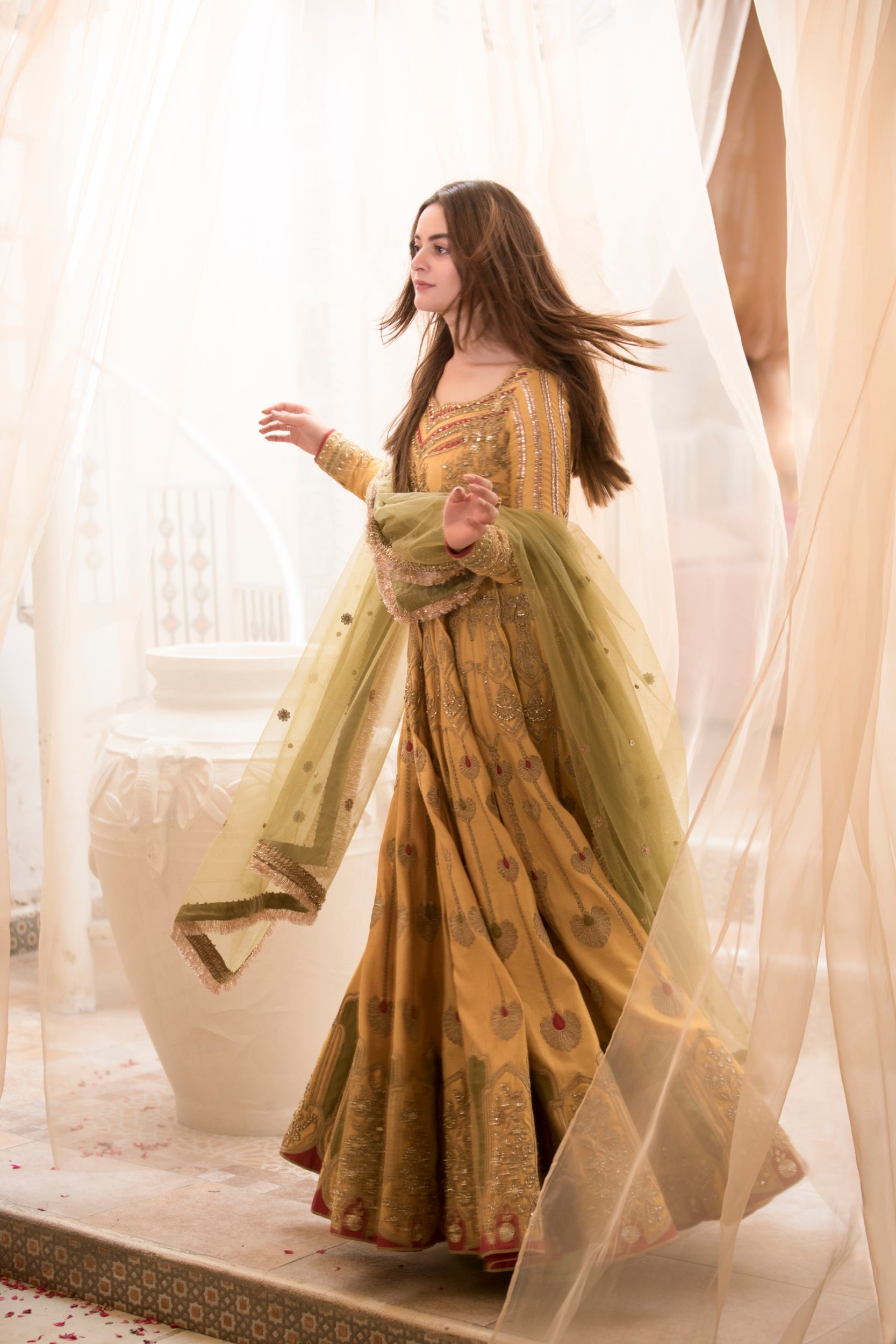 Mustard Yellow Embroidered Silk-Blend Anarkali (2-Piece) - Image 9