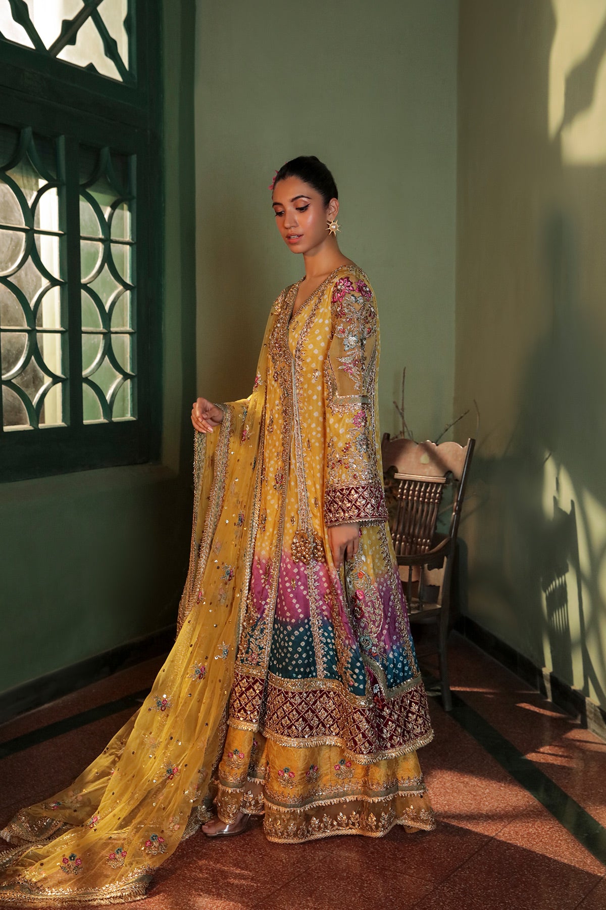 Pakistani Mustard Yellow Embroidered Chunri Silk Angrakha (3-Piece) - Image 2