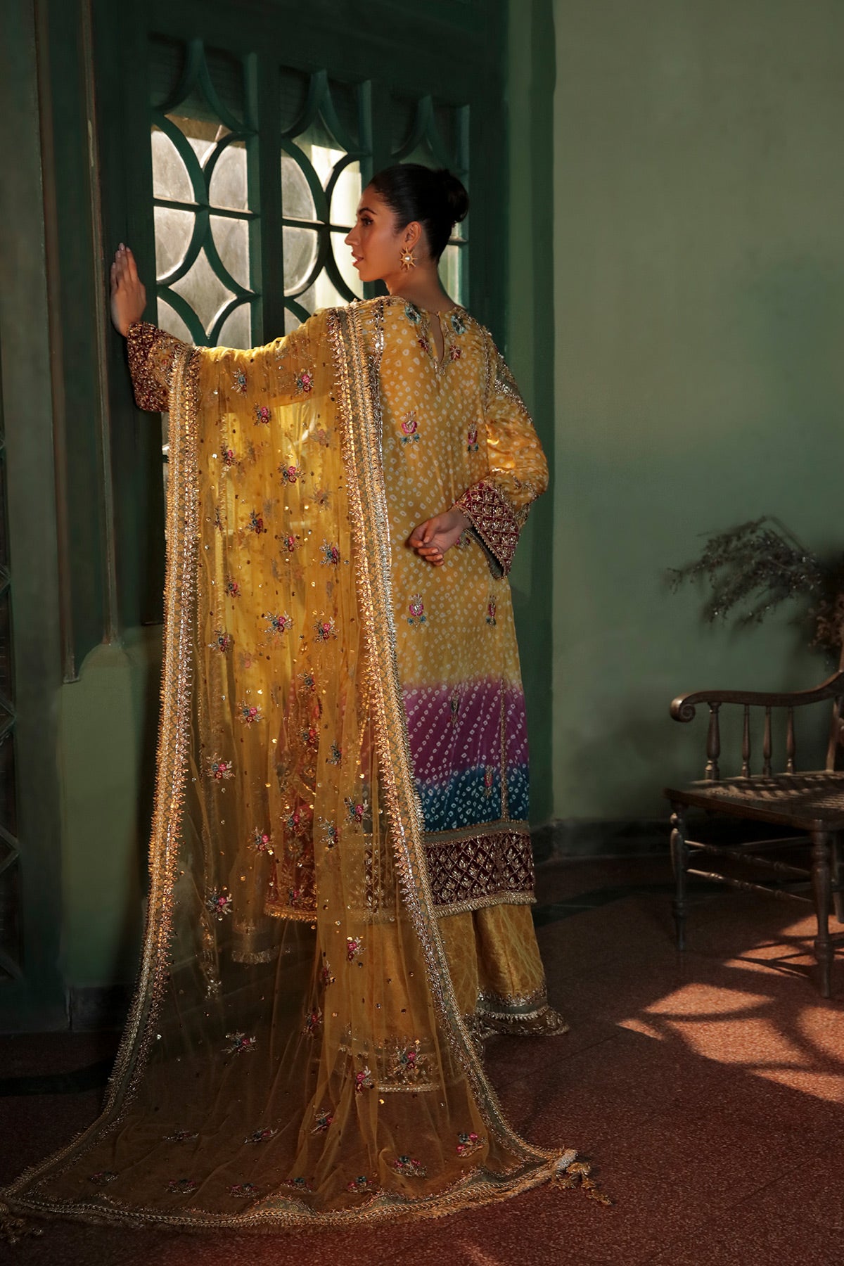 Pakistani Mustard Yellow Embroidered Chunri Silk Angrakha (3-Piece) - Image 3