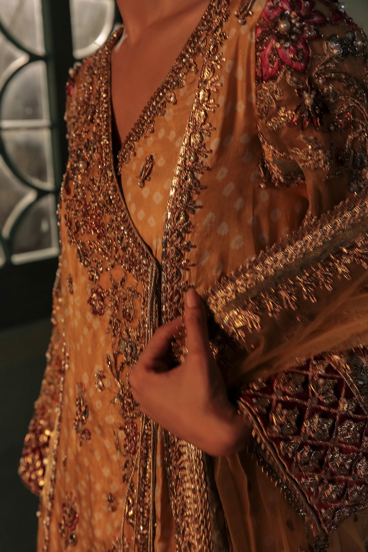 Pakistani Mustard Yellow Embroidered Chunri Silk Angrakha (3-Piece) - Image 4