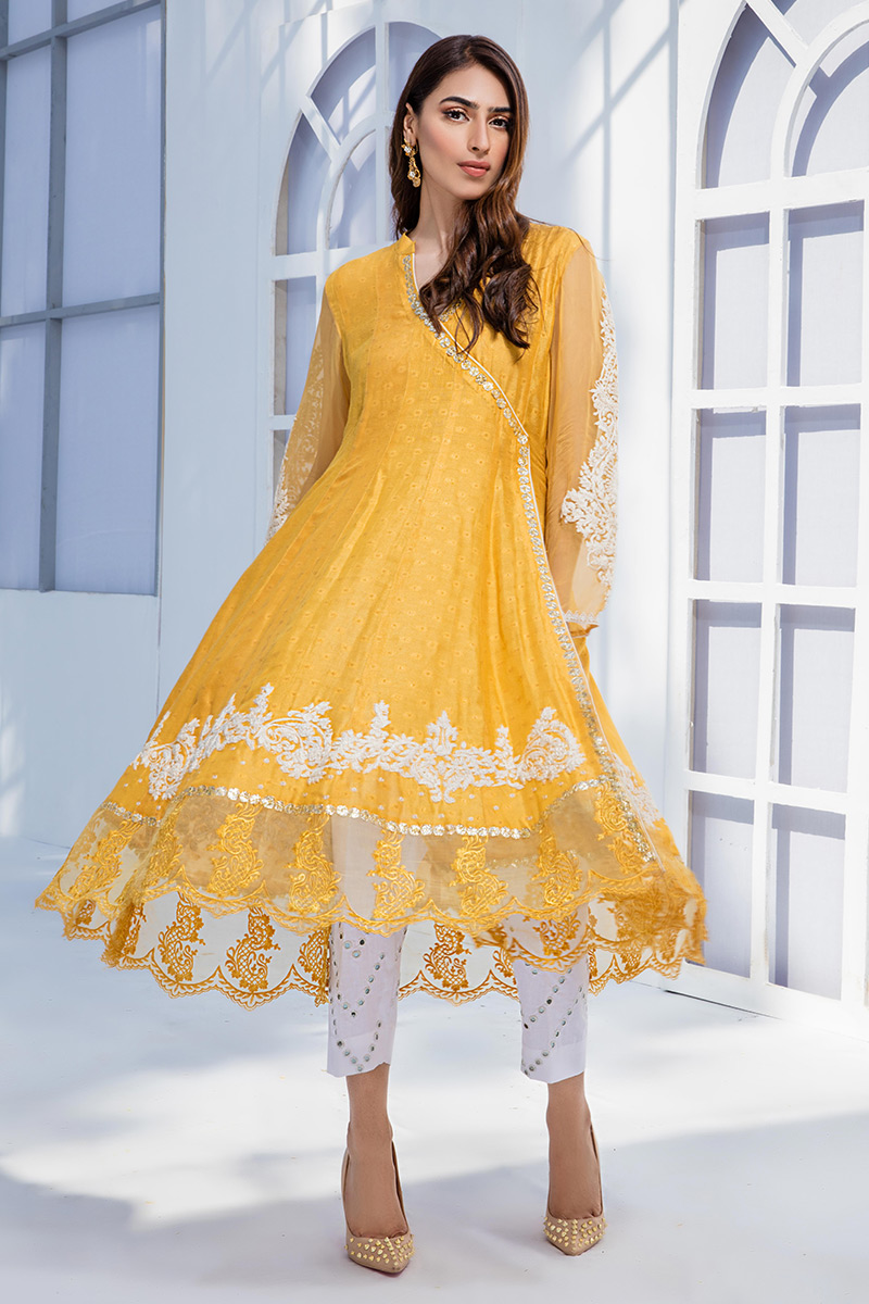 Pakistani Yellow Gota Embroidered Cotton Net Angrakha (3-Piece) - Image 2