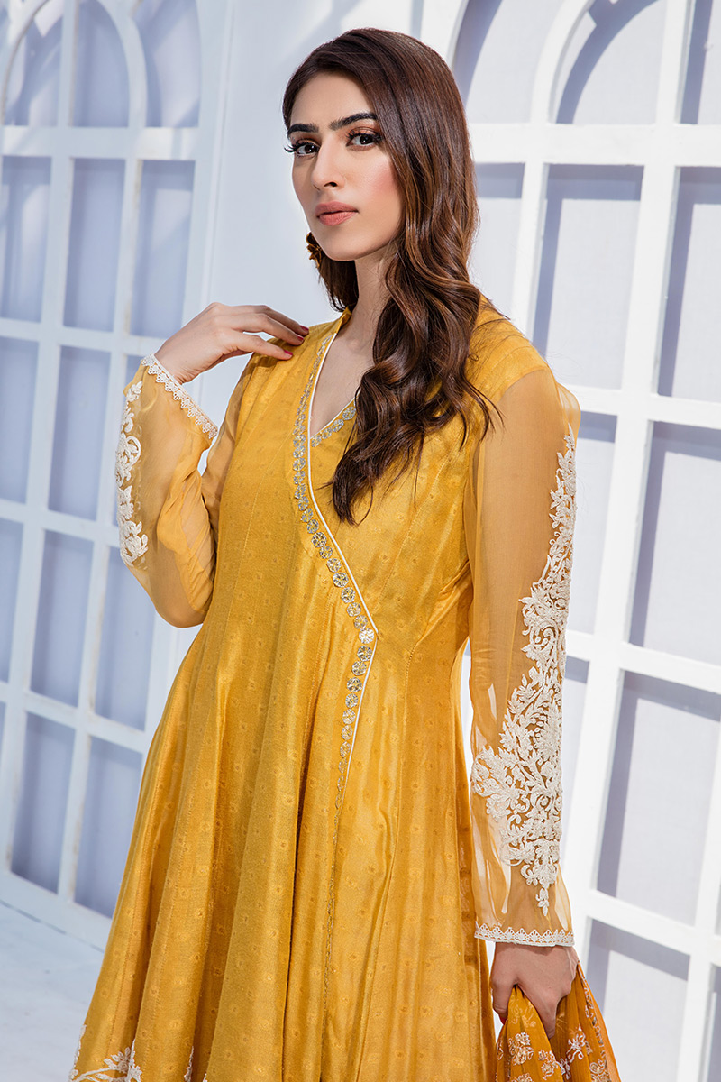 Pakistani Yellow Gota Embroidered Cotton Net Angrakha (3-Piece) - Image 3