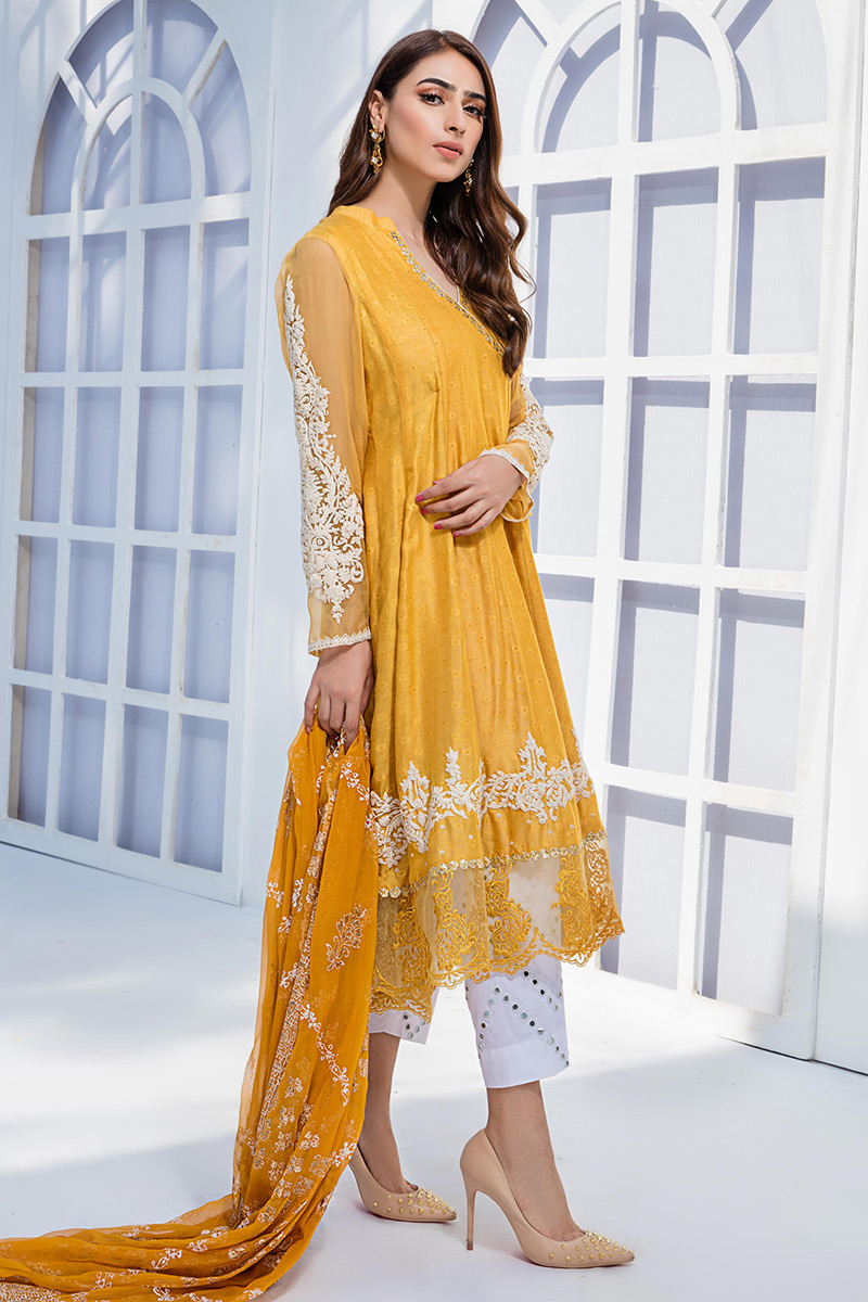 Pakistani Yellow Gota Embroidered Cotton Net Angrakha (3-Piece) - Image 4