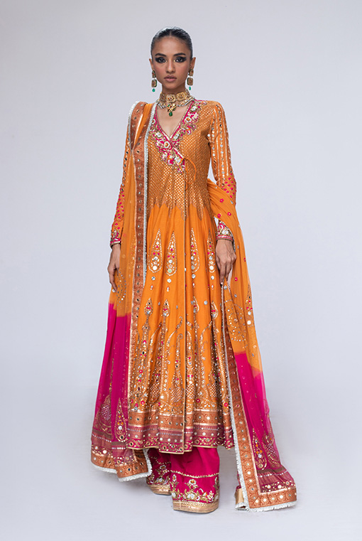 Marigold Pink Embroidered Chiffon Angarkha (3-Piece) - Image 1