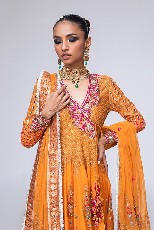 Marigold Pink Embroidered Chiffon Angarkha (3-Piece) - Image 2