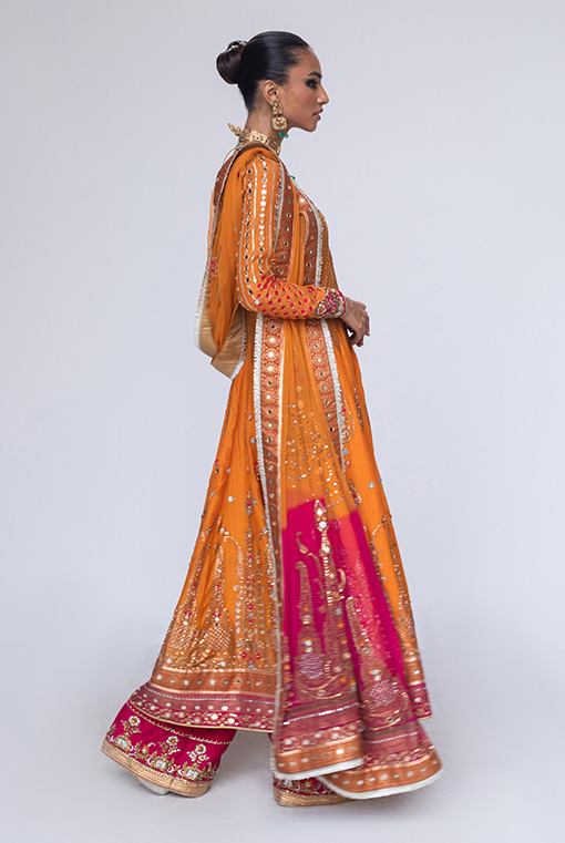 Marigold Pink Embroidered Chiffon Angarkha (3-Piece) - Image 3