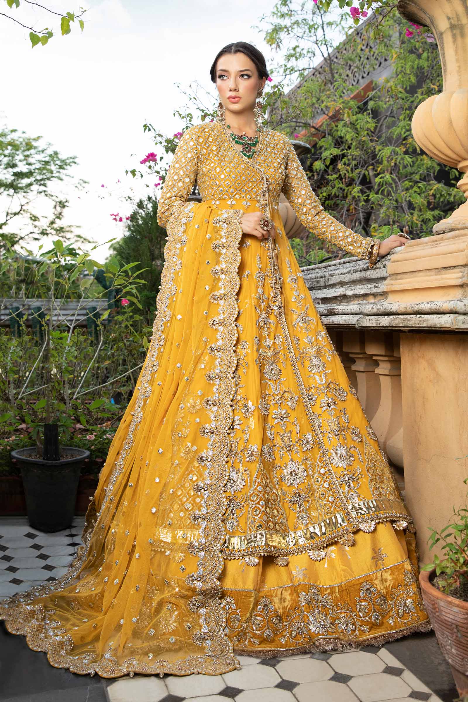 Pakistani Yellow Embroidered Net Angrakha Lehenga (3-Piece) - Image 1