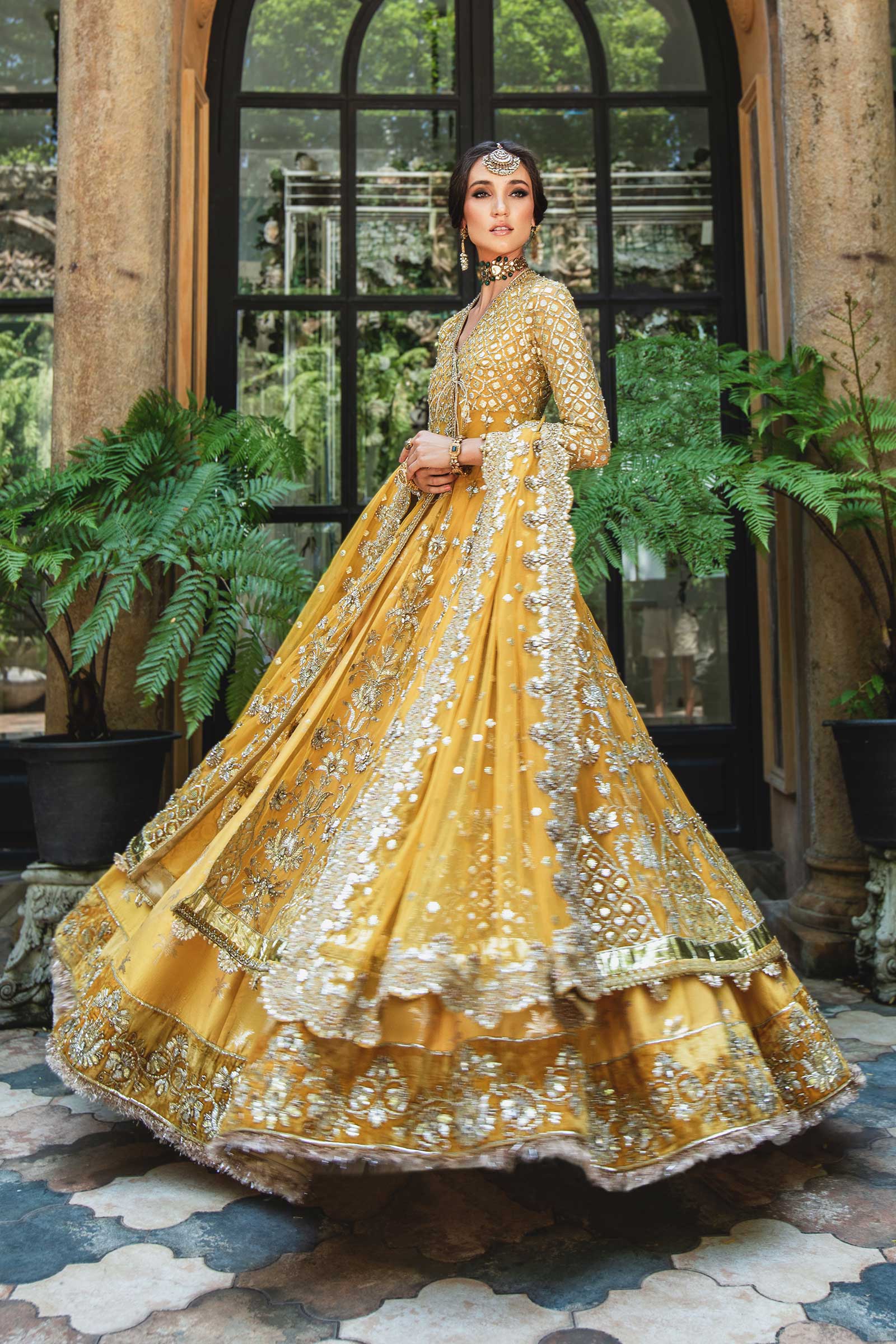 Pakistani Yellow Embroidered Net Angrakha Lehenga (3-Piece) - Image 10