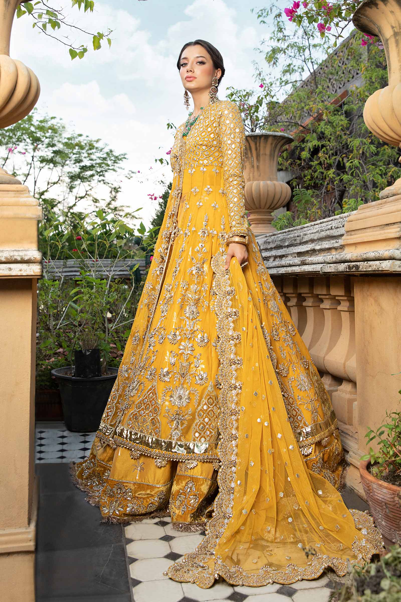 Pakistani Yellow Embroidered Net Angrakha Lehenga (3-Piece) - Image 11