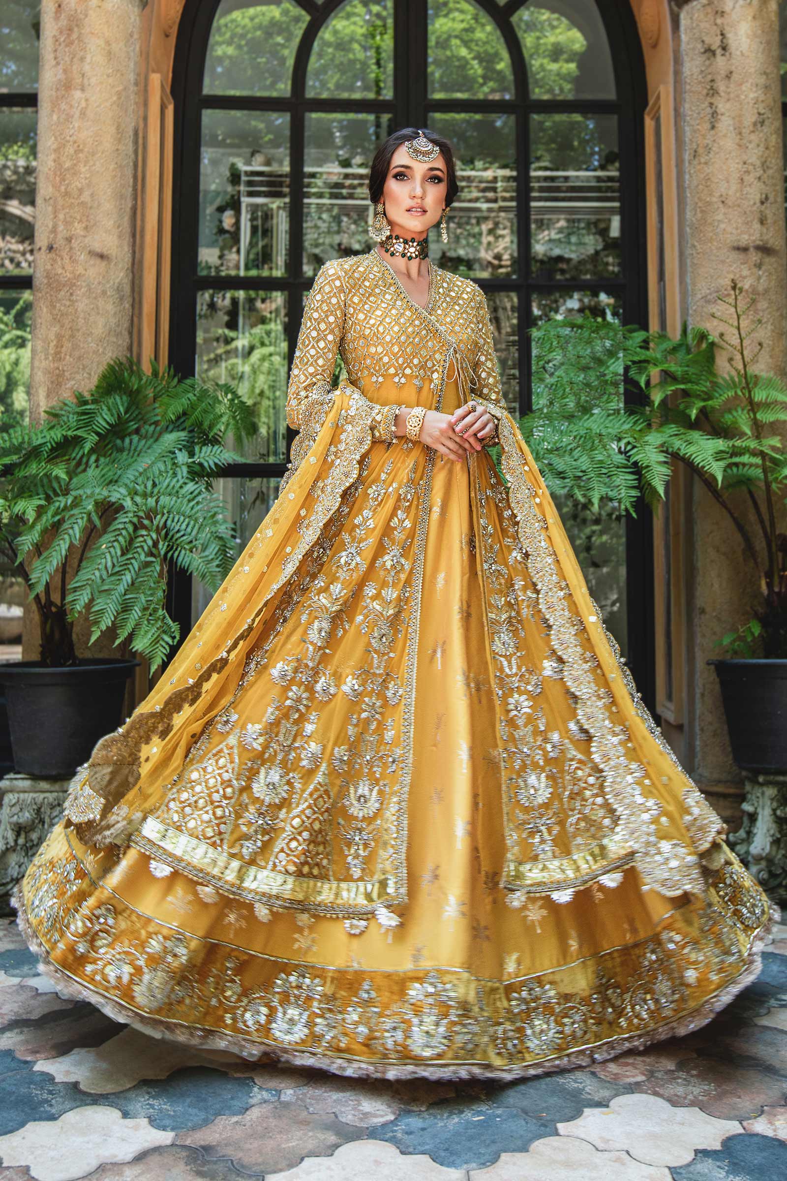 Pakistani Yellow Embroidered Net Angrakha Lehenga (3-Piece) - Image 12