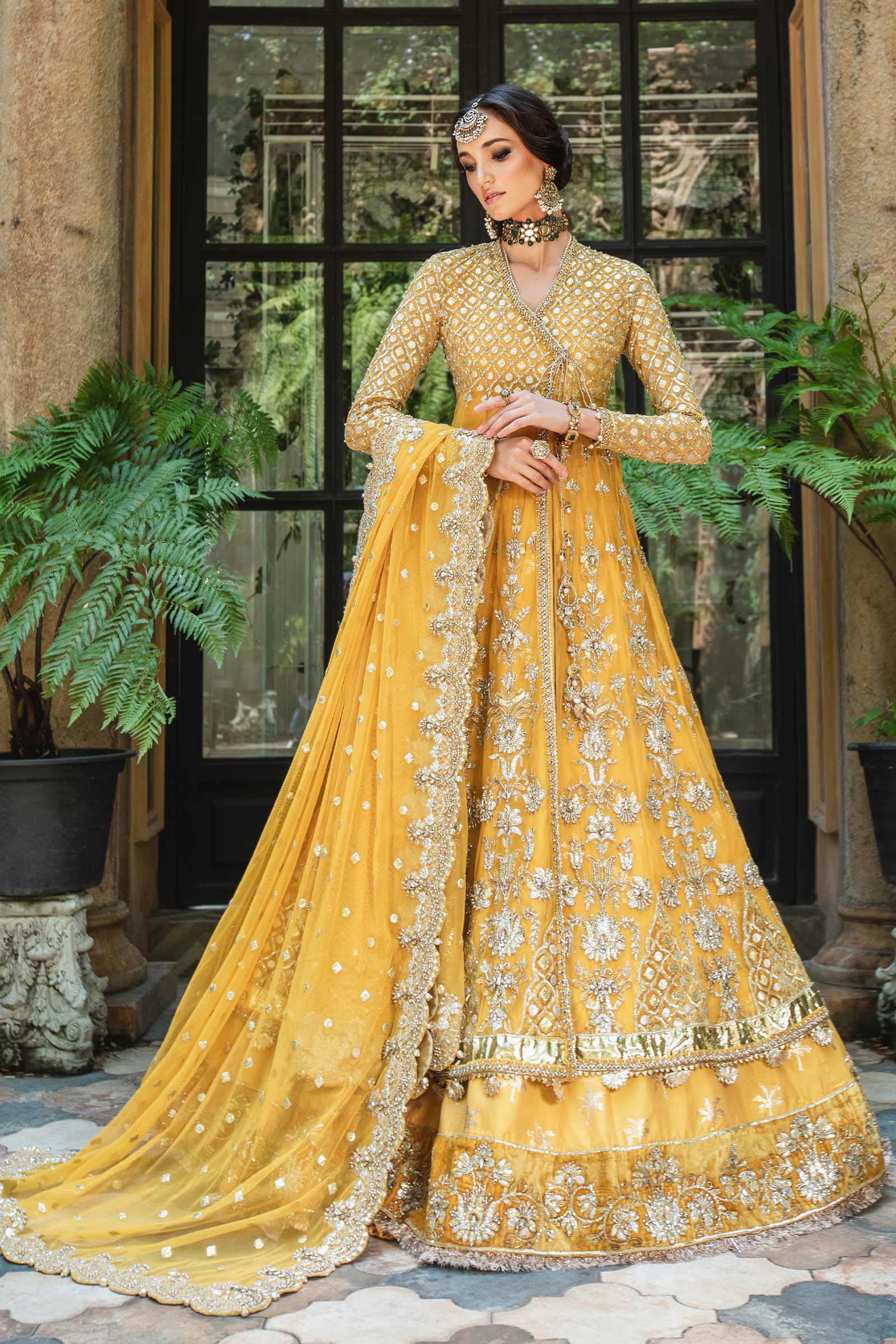 Pakistani Yellow Embroidered Net Angrakha Lehenga (3-Piece) - Image 13