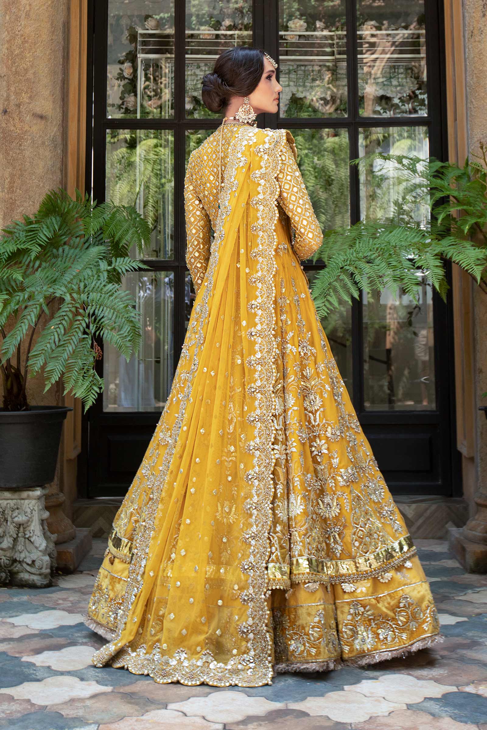 Pakistani Yellow Embroidered Net Angrakha Lehenga (3-Piece) - Image 14