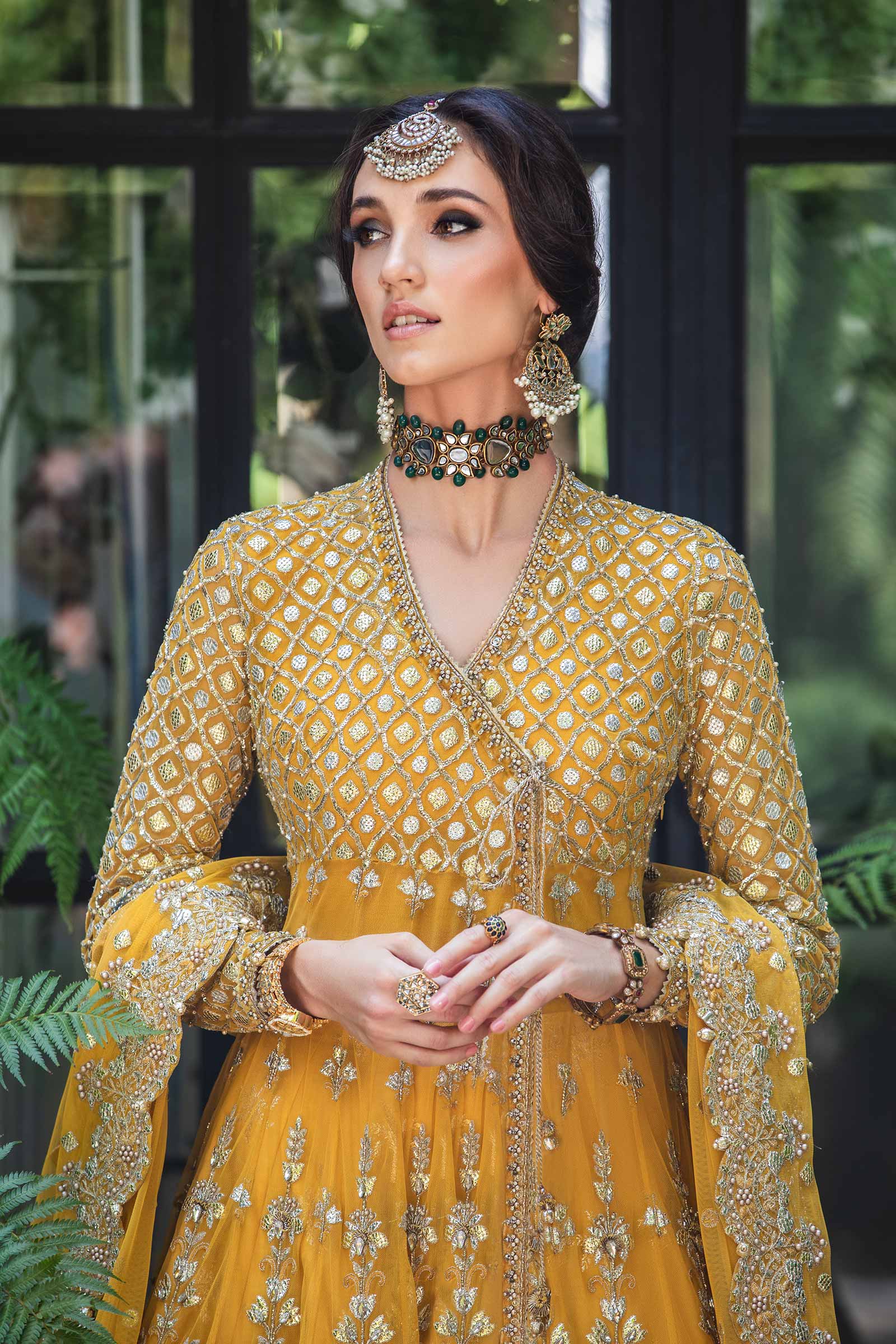 Pakistani Yellow Embroidered Net Angrakha Lehenga (3-Piece) - Image 2