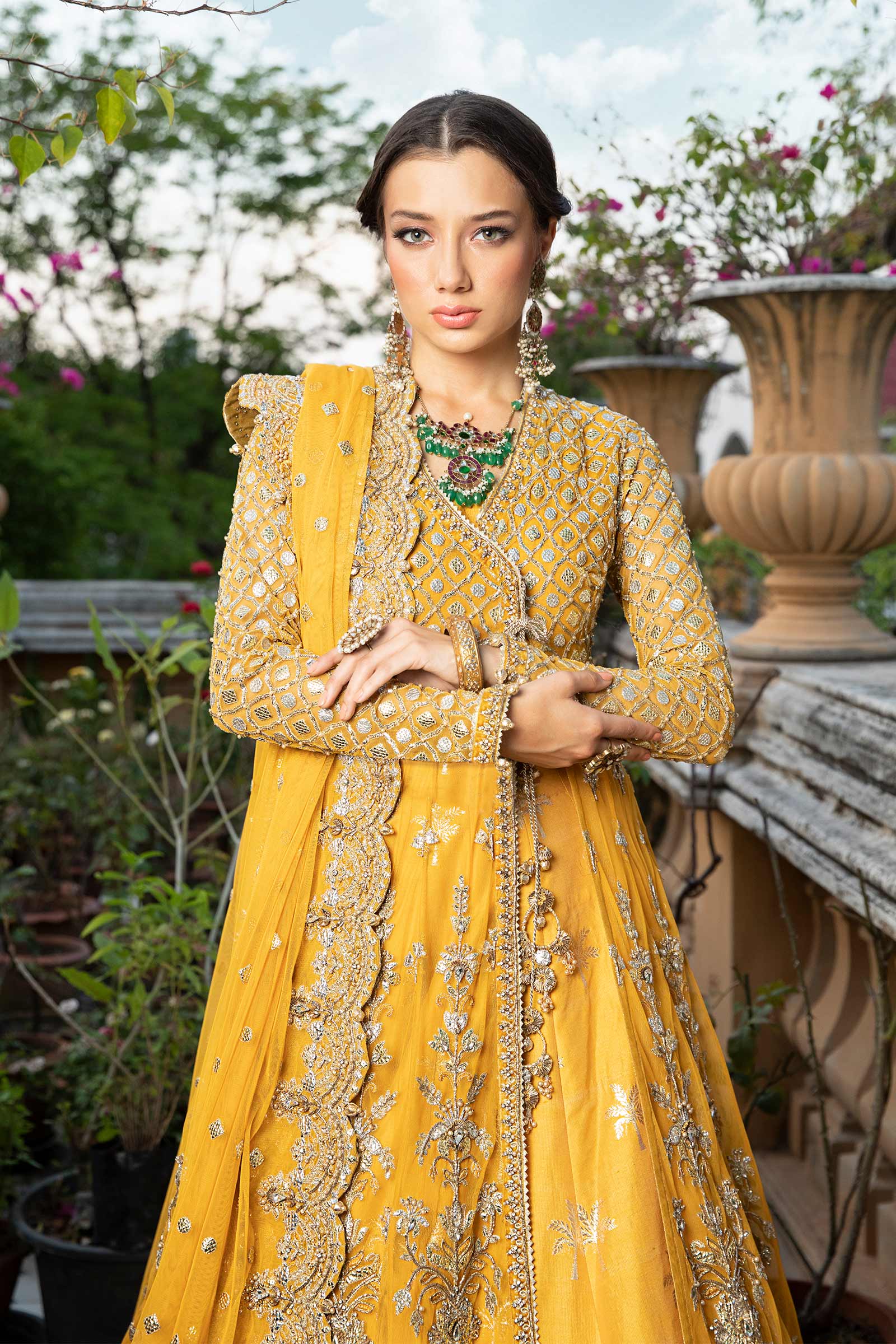 Pakistani Yellow Embroidered Net Angrakha Lehenga (3-Piece) - Image 3