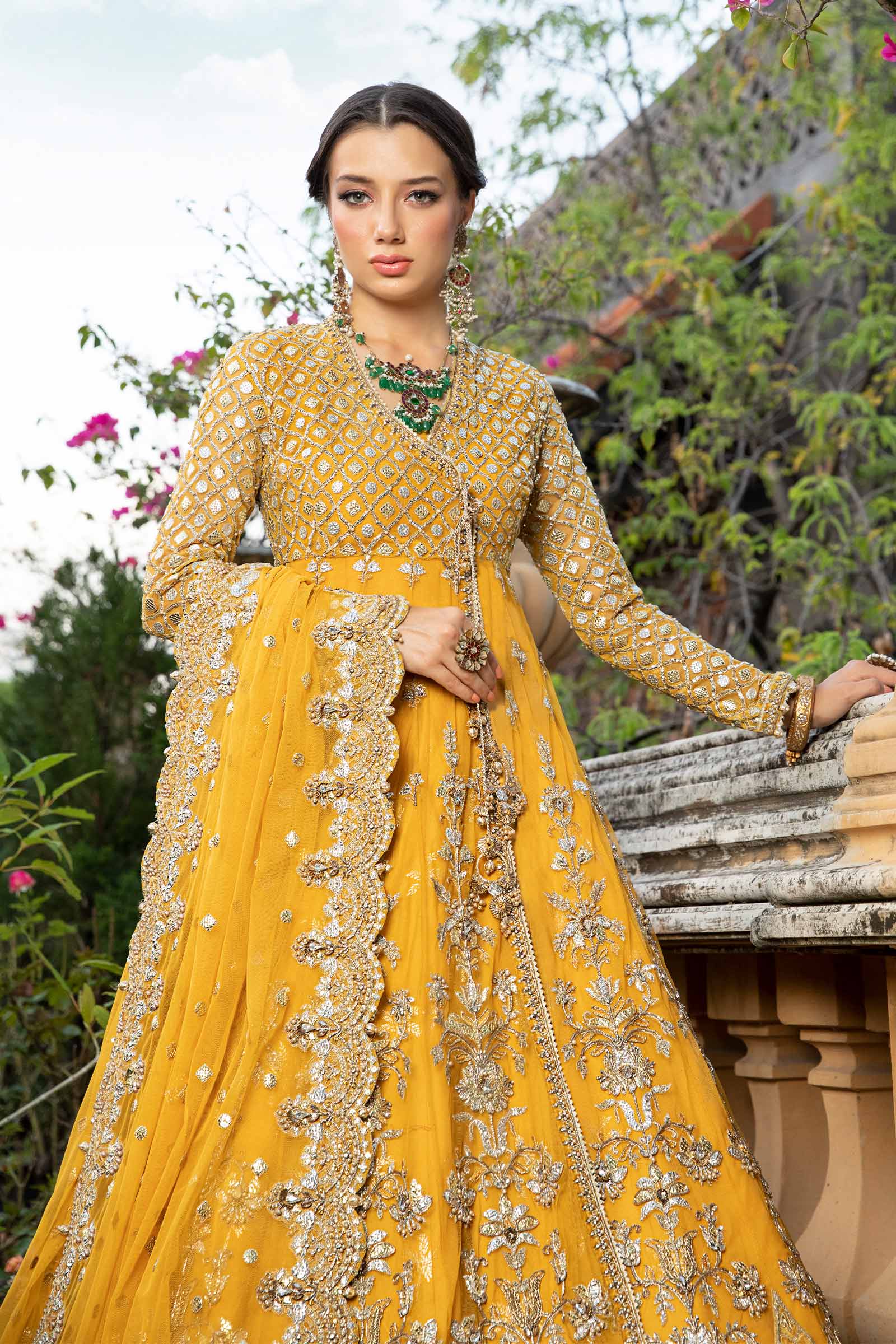 Pakistani Yellow Embroidered Net Angrakha Lehenga (3-Piece) - Image 4