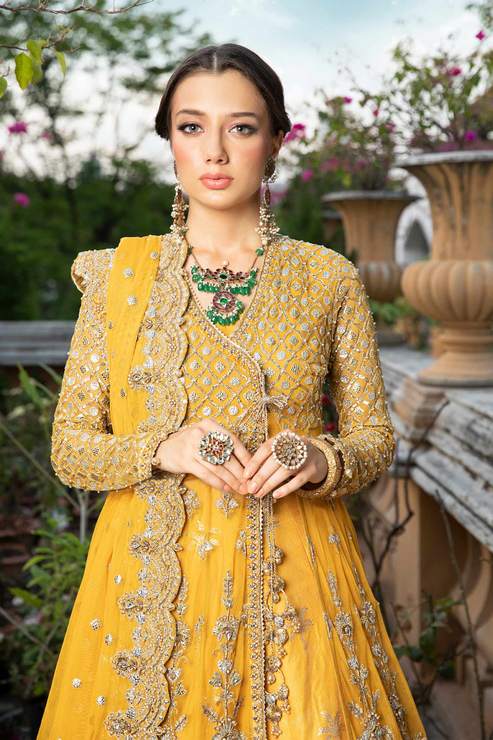 Pakistani Yellow Embroidered Net Angrakha Lehenga (3-Piece) - Image 5