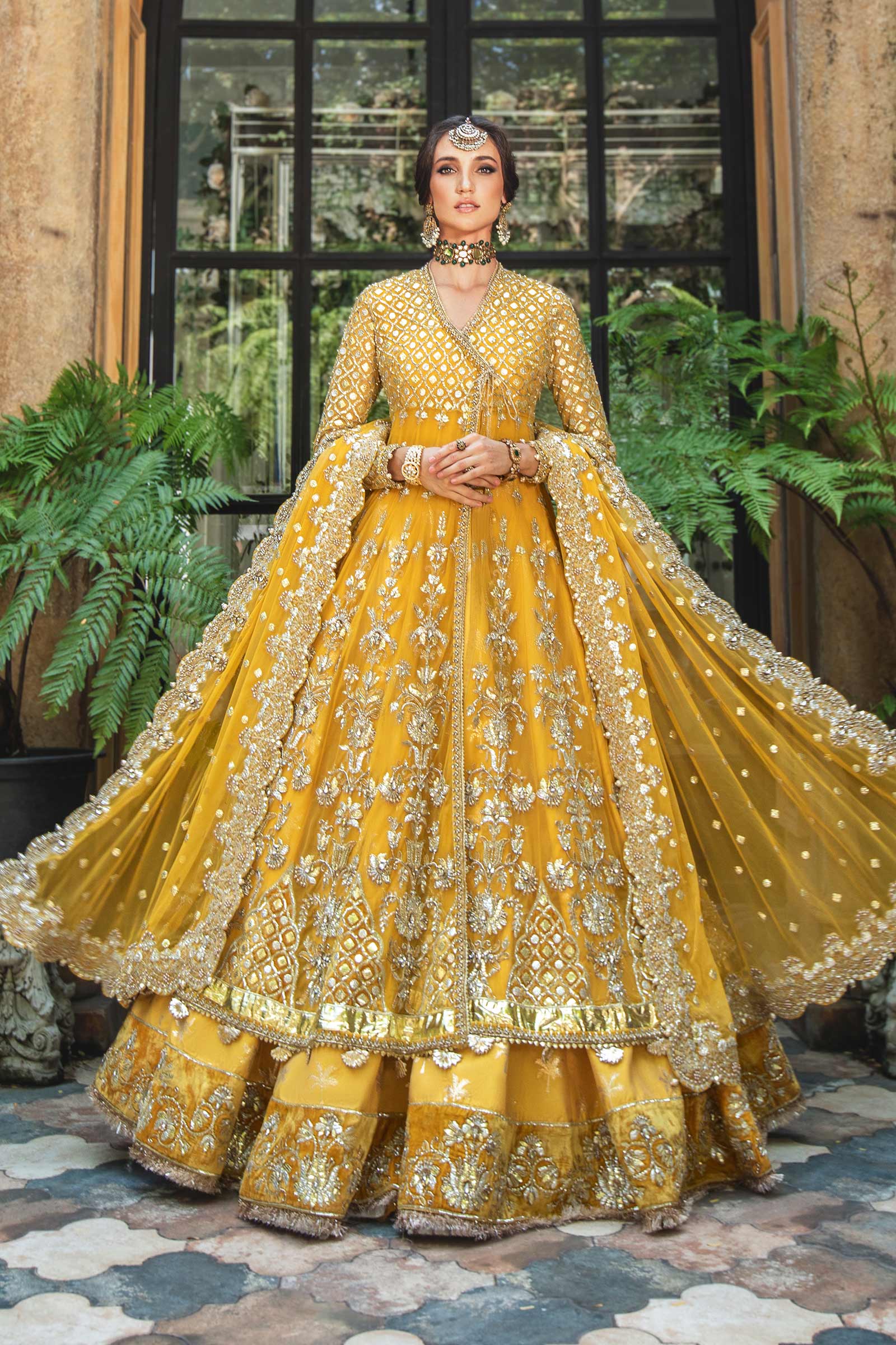 Pakistani Yellow Embroidered Net Angrakha Lehenga (3-Piece) - Image 8