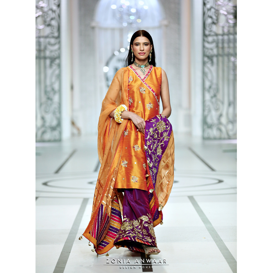 Marigold Embroidered Kathan Silk Angrakha (3-Piece) - Image 2