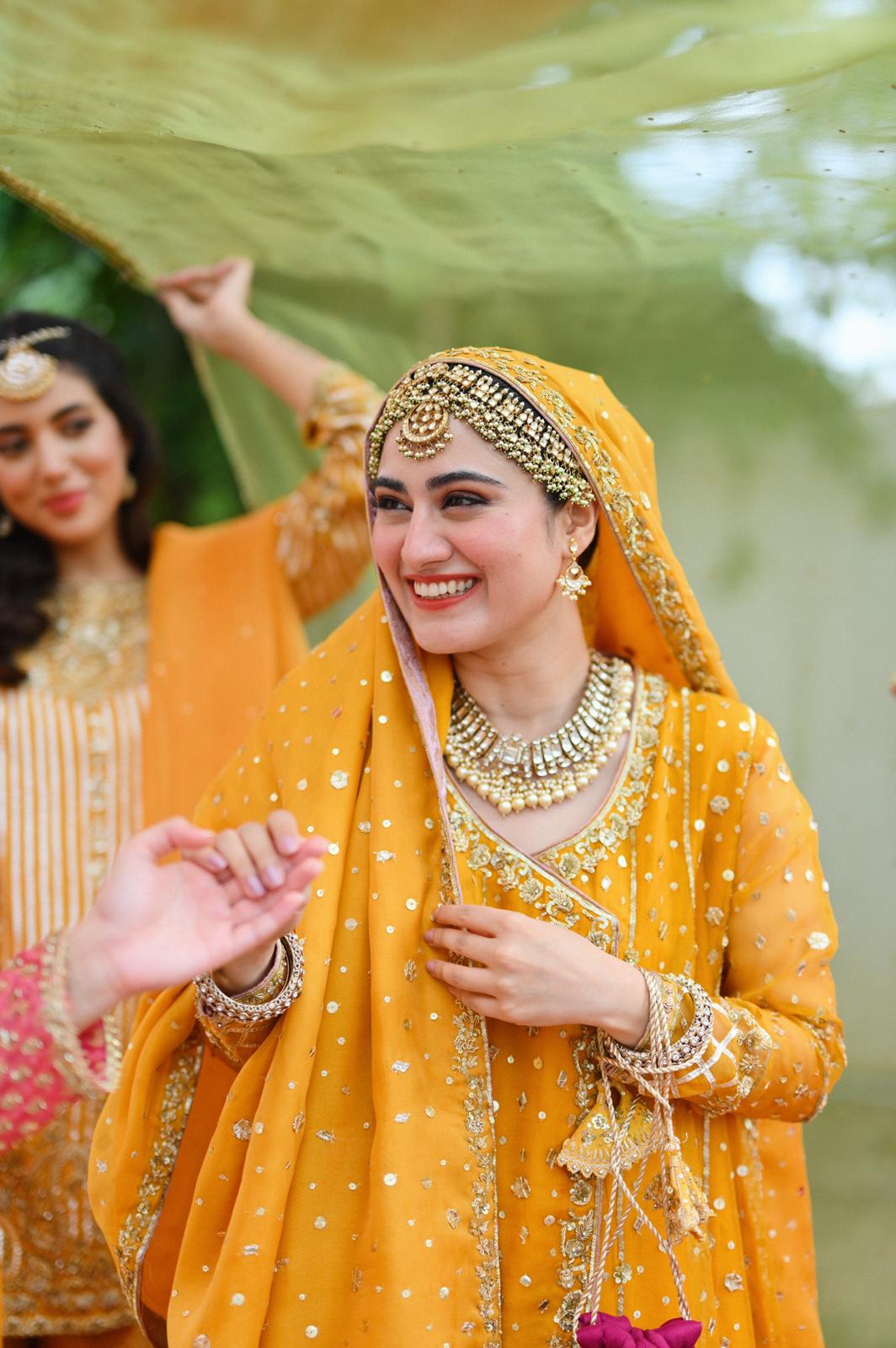 Pakistani Mustard Hand-Embellished Net Angrakha (2-Piece) - Image 1