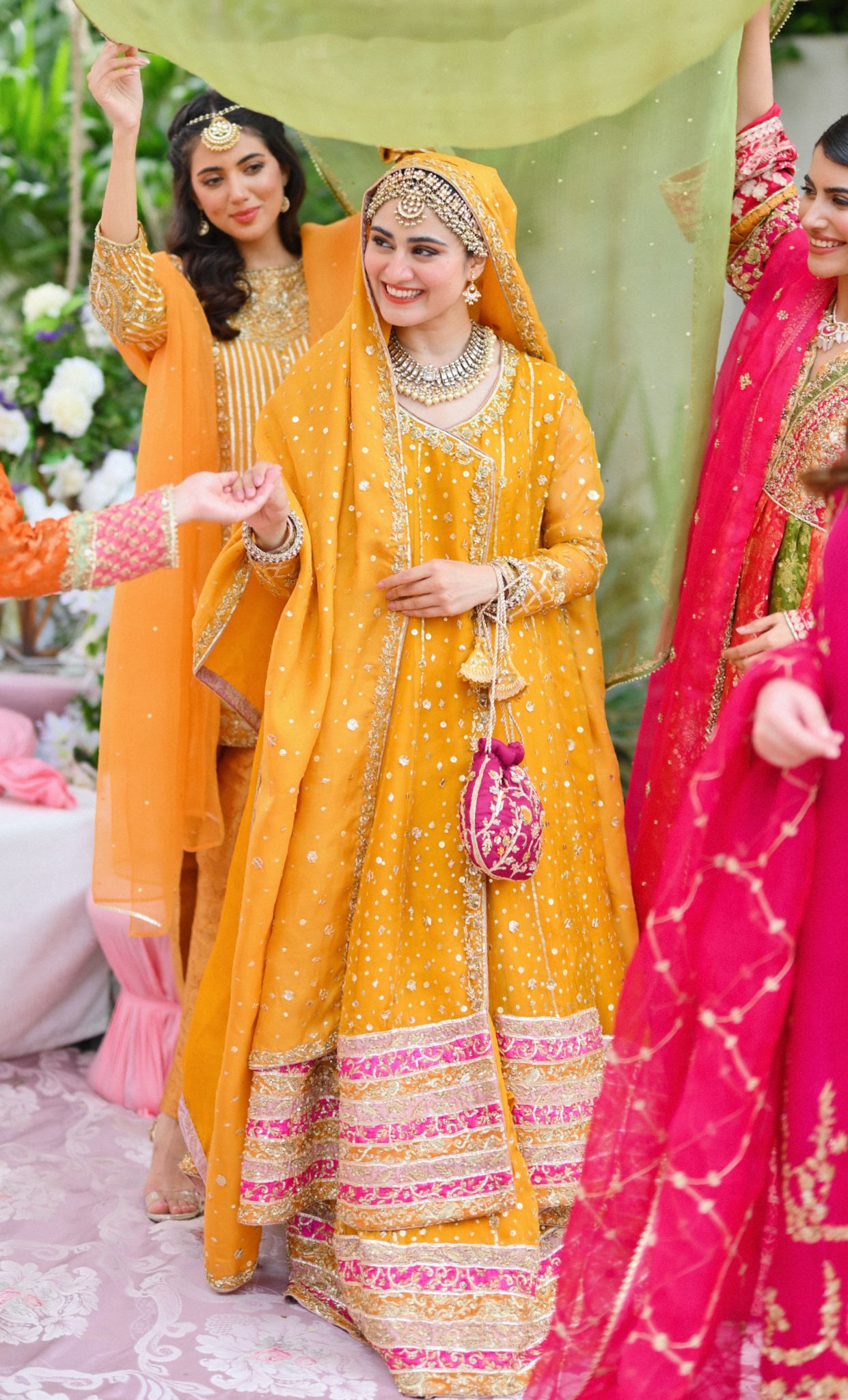 Pakistani Mustard Hand-Embellished Net Angrakha (2-Piece) - Image 5