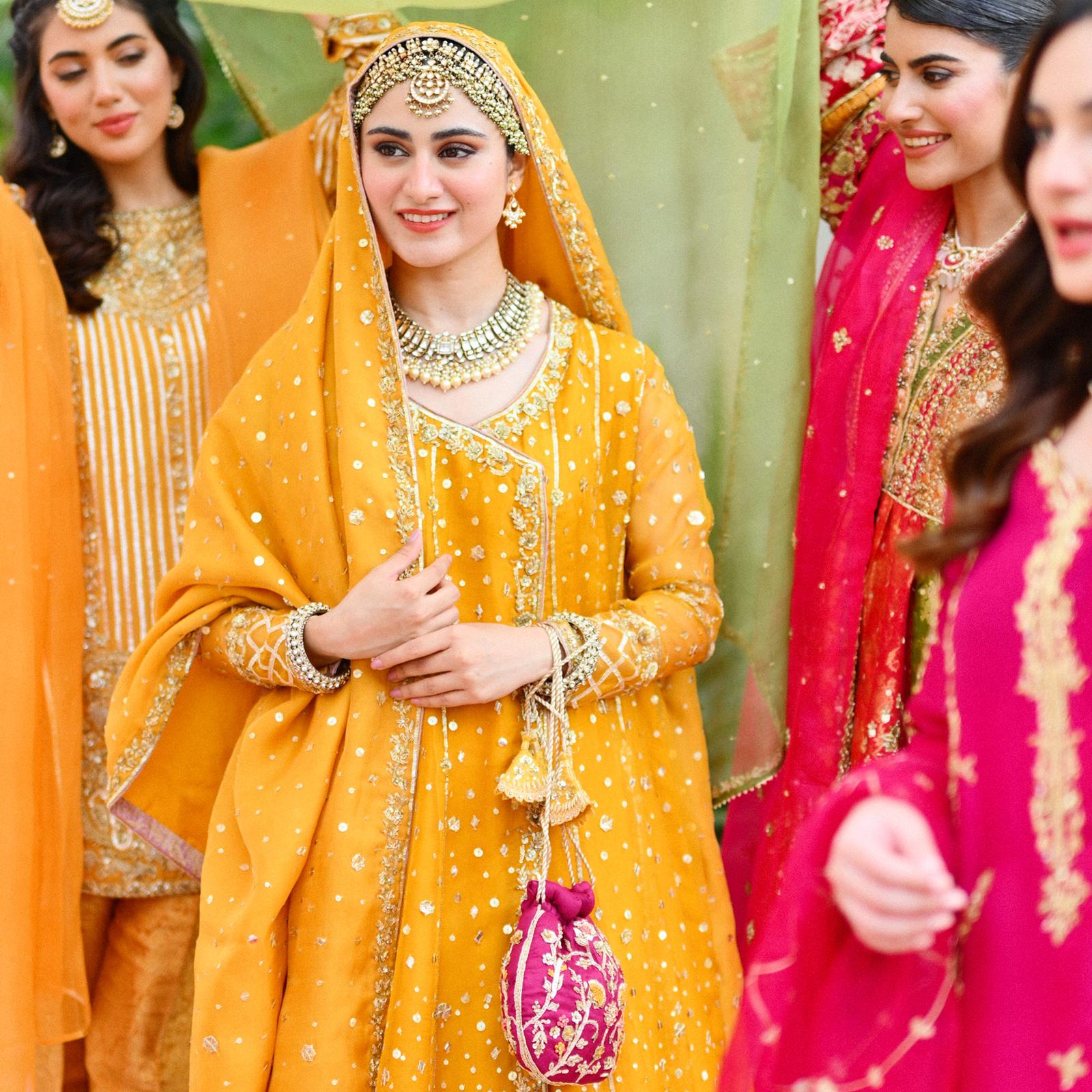 Pakistani Mustard Hand-Embellished Net Angrakha (2-Piece) - Image 8