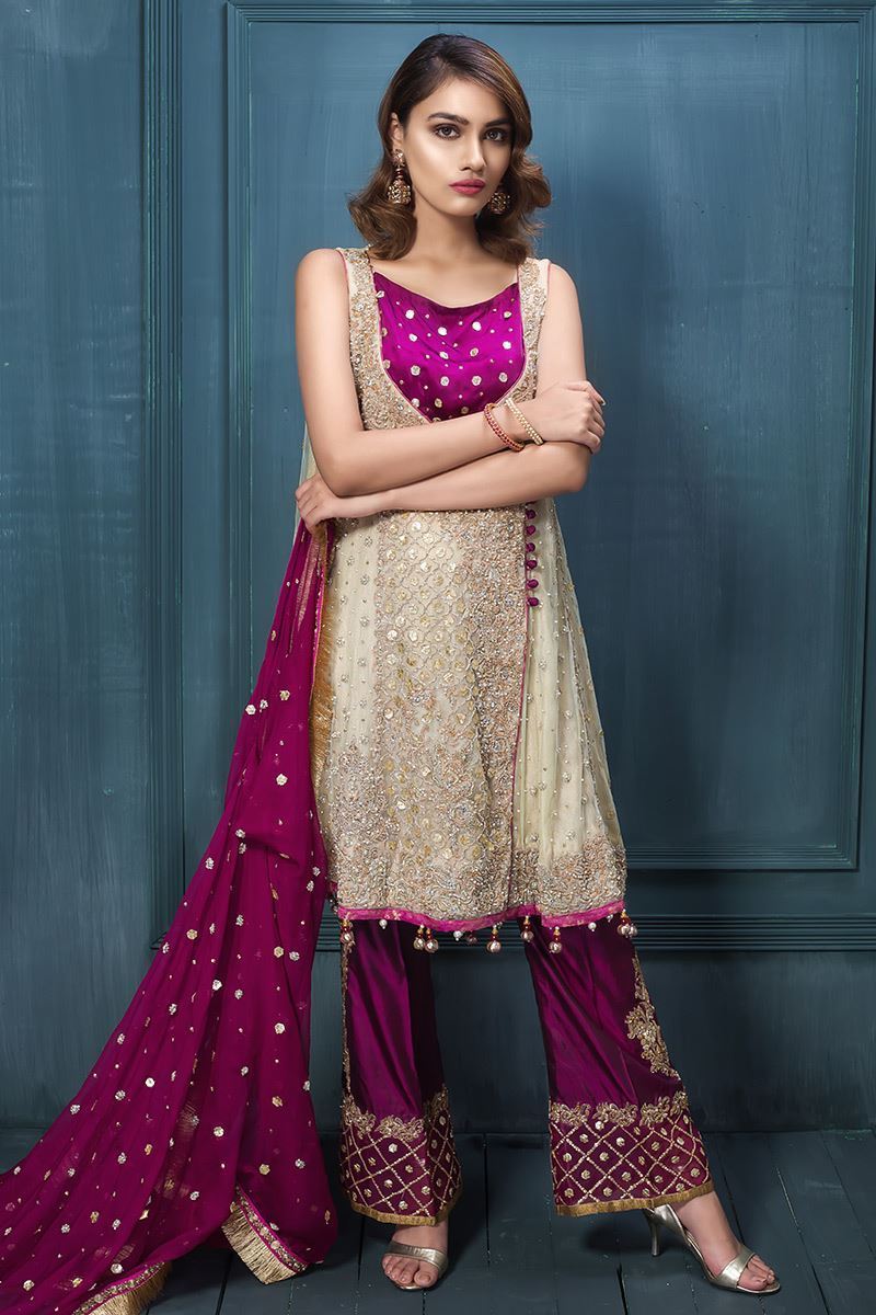 Light Yellow Embroidered Net Angrakha (3-Piece) - Image 1