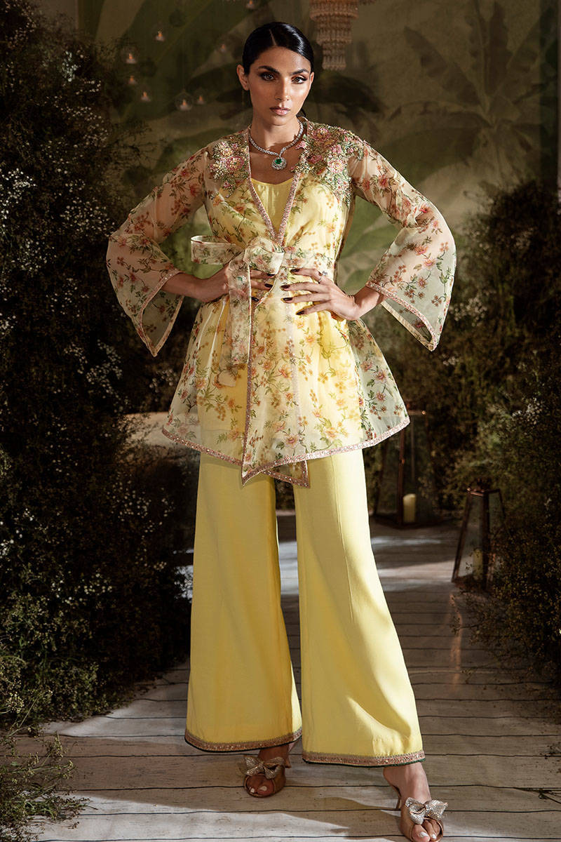 Lemon Printed Organza Angrakha Set (2-Piece) - Image 1