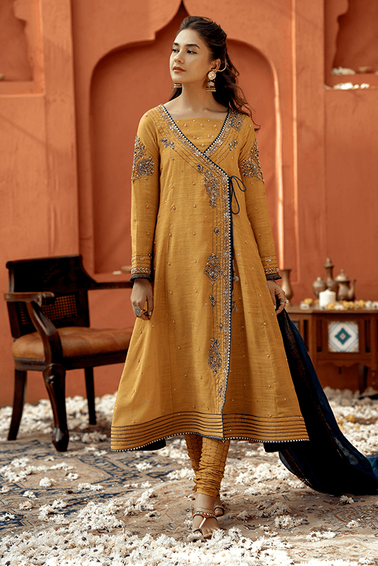 Pakistani Ochre Yellow Embroidered Raw Silk Angrakha (3-Piece) - Image 2