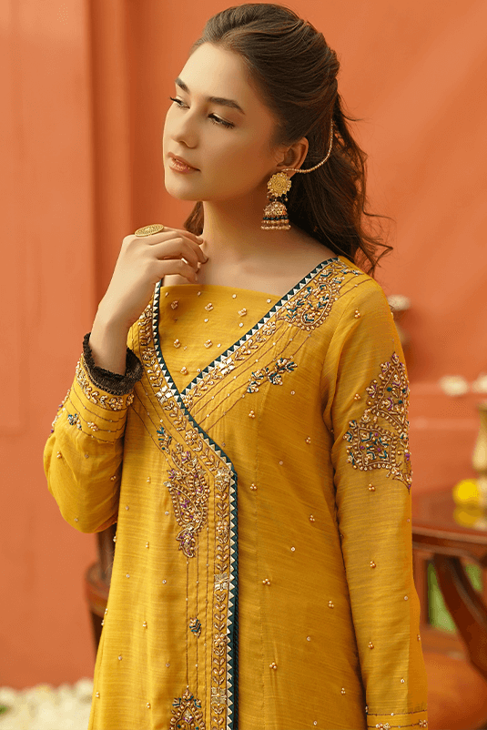 Pakistani Ochre Yellow Embroidered Raw Silk Angrakha (3-Piece) - Image 3