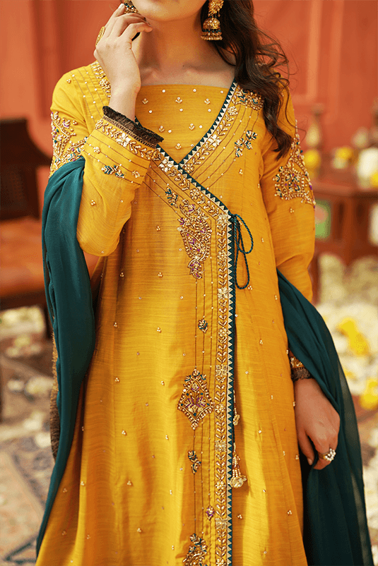 Pakistani Ochre Yellow Embroidered Raw Silk Angrakha (3-Piece) - Image 4