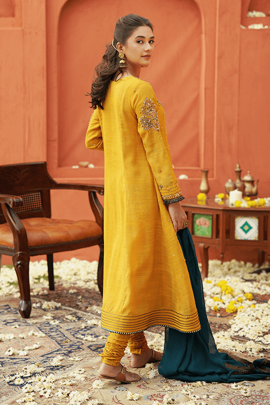 Ochre Yellow Embroidered Raw Silk Angrakha (3-Piece) - Image 1