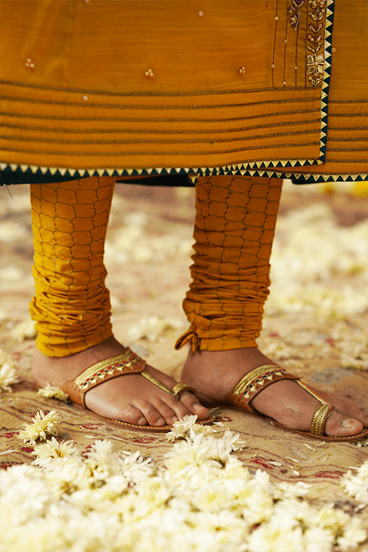 Ochre Yellow Embroidered Raw Silk Angrakha (3-Piece) - Image 5