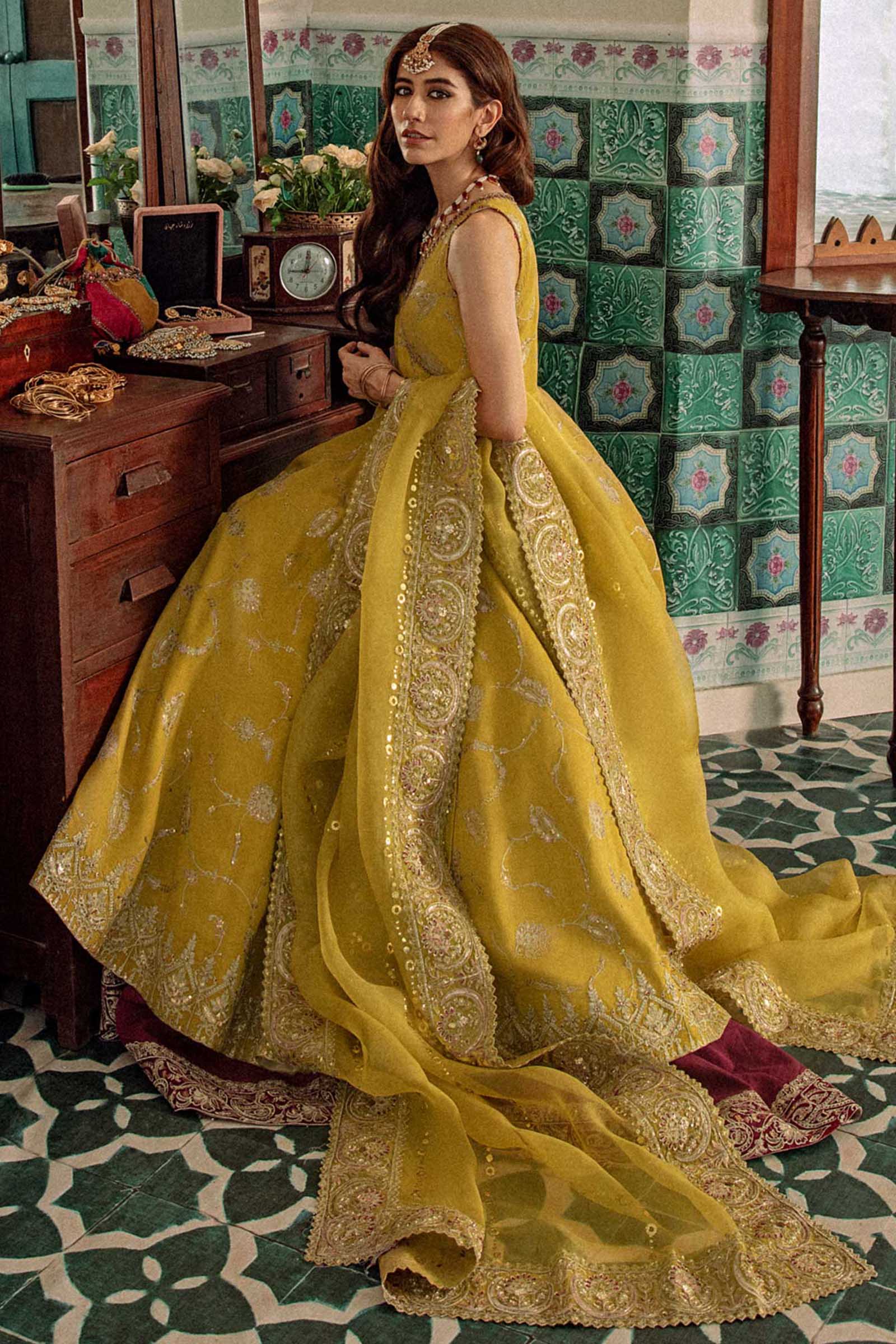 Pakistani Mustard Embroidered Raw Silk Angrakha Dress (3-Piece) - Image 2